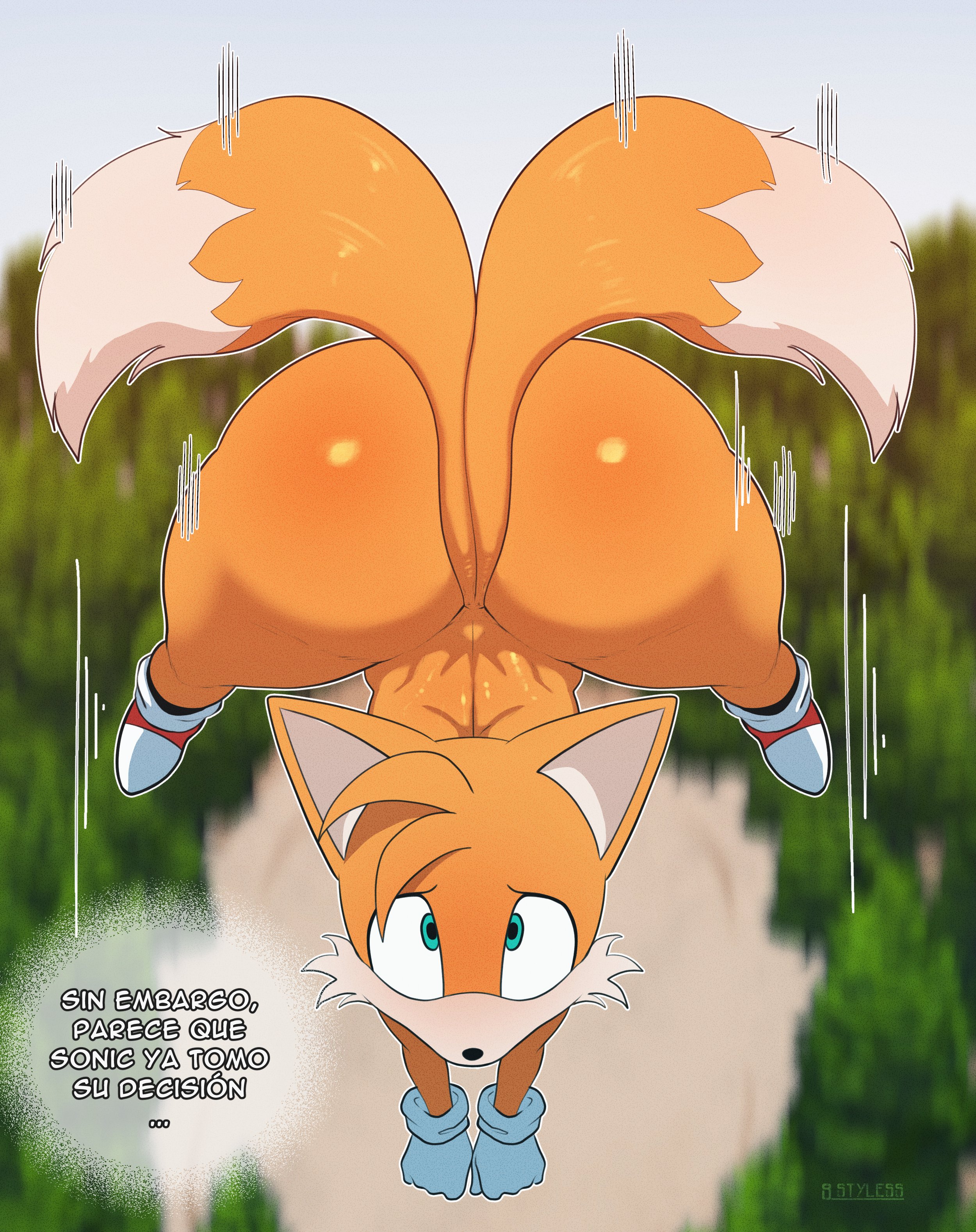 1boy, 1femboy, 9 styless, anthro, ass, big ass, canid, canine, dialogue, espanol, femboy, feminine male, feminine tails, fox, huge ass, male, male only, miles tails prower, solo, sonic (series), spanish text, tails the fox, text, thick thighs, voluptuous male, wide hips