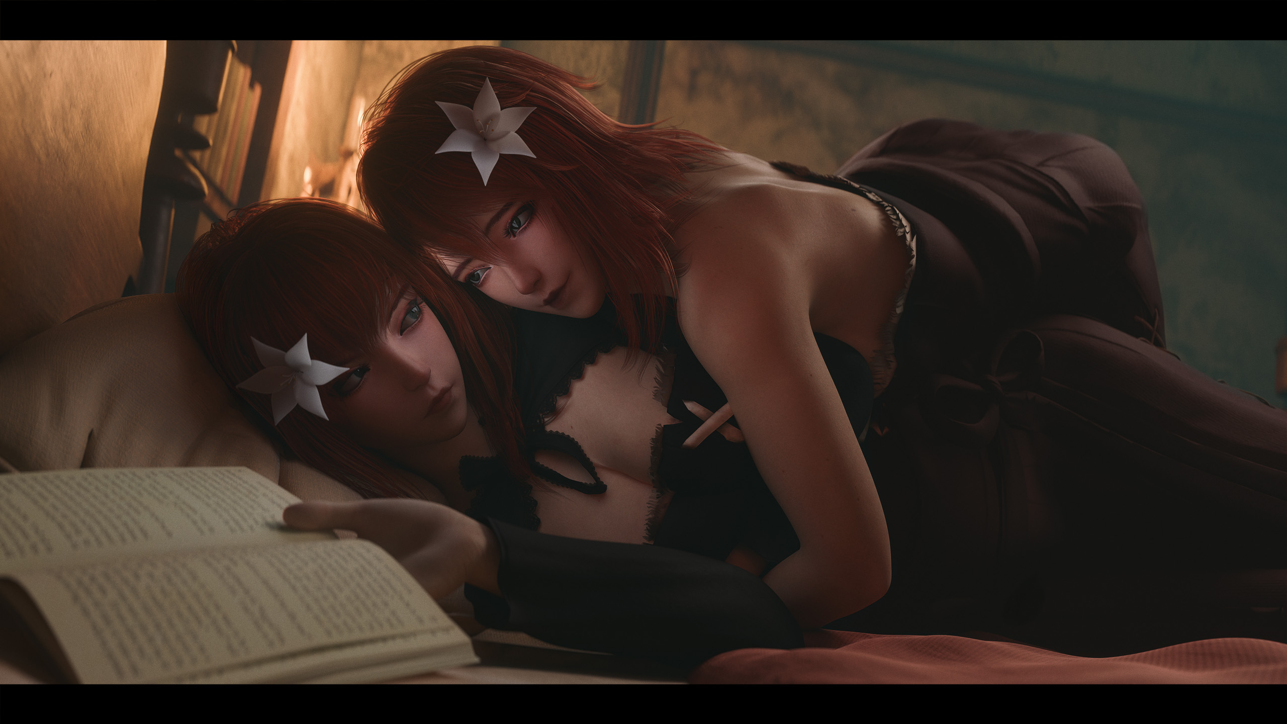 2girls, 3d, 3d (artwork), 3d render, android, android girl, bare shoulders, bed, black dress, blue eyes, book, breasts, cleavage, devola, dress, erovirus, female, female only, flower, green eyes, hair flower, hair ornament, hi res, high resolution, highres, incest, indoors, lying, multiple girls, nier, nier (series), nier replicant, open book, pillow, popola, reading, red hair, short hair, siblings, sisters, sisters (lore), twincest, twins, yuri