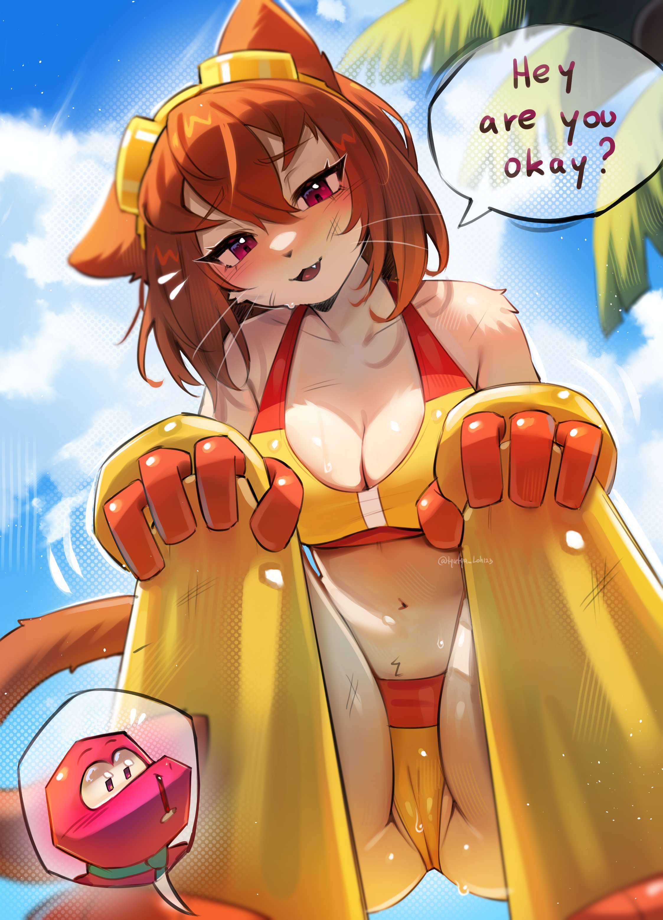 1girls, 2026, absurdres, anthro, anthro female, bikini, blush, breasts, brown hair, cat ears, cat girl, cat tail, catgirl, cleavage, feline, female, female only, gameoverse, gobbles (gameoverse), highres, kit (gameoverse), kit bodega, large breasts, looking at viewer, open mouth, palm tree, pink eyes, pussy, pussy peek, tyutya loh123
