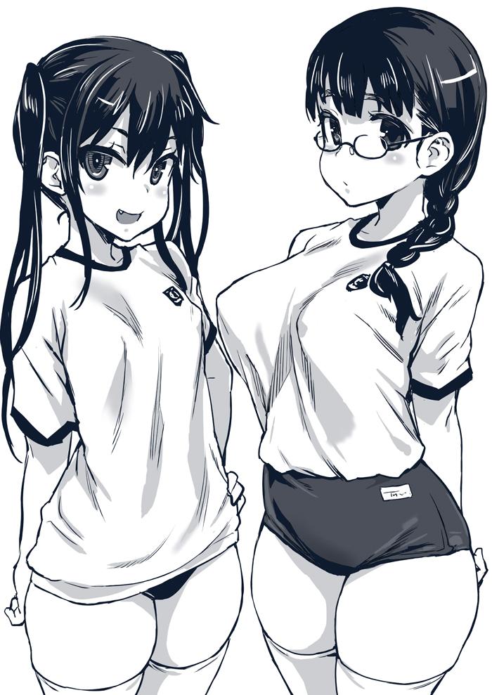 2girls, asanagi, black hair, braid, breasts, buruma, glasses, greyscale, gym clothes, multiple girls, no bra, no bra under clothes, original, standing, thick thighs, thighs, twintails