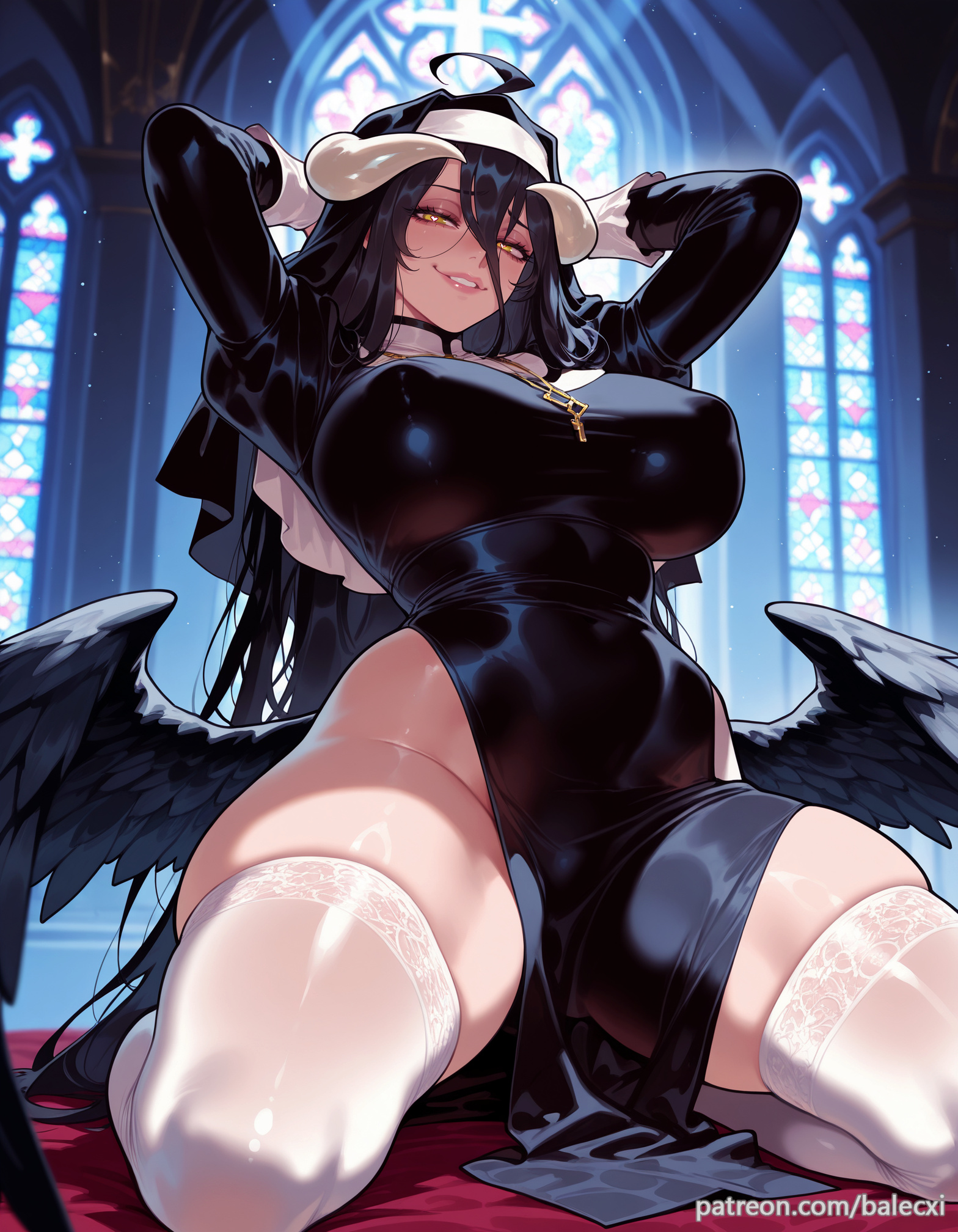 ahoge, ai generated, albedo (overlord), arms behind head, arms up, balecxi, black hair, black wings, church, covered nipples, cross, cross necklace, demon girl, demon horns, dress, feathered wings, female, gloves, habit, hair between eyes, indoors, jewelry, large breasts, long hair, long sleeves, looking at viewer, low wings, nun, overlord (maruyama), patreon username, pelvic curtain, slit pupils, smile, solo, stained glass, thighs, white horns, white thighhighs, yellow eyes