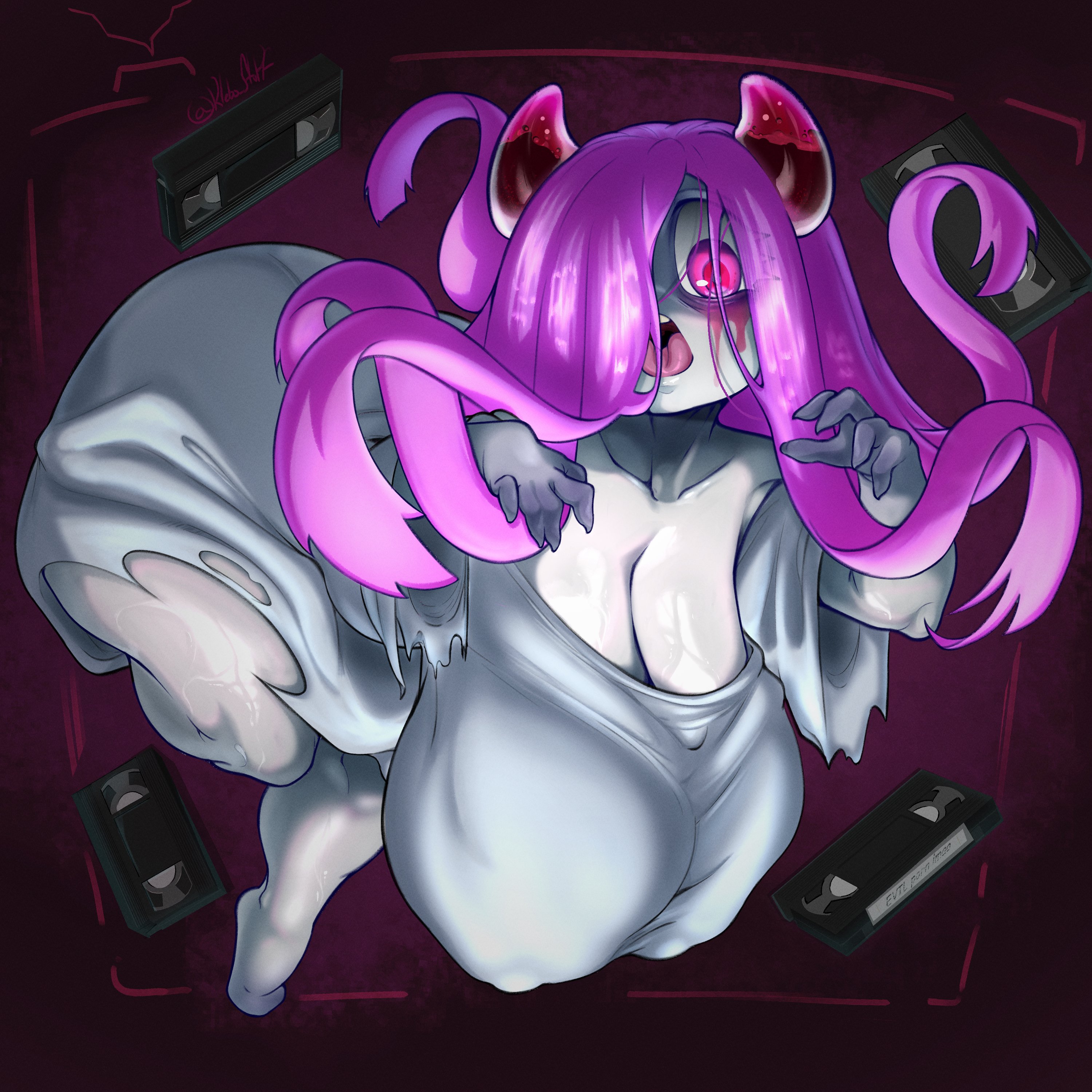 1girls, big ass, big breasts, chocovania (character), female, female only, ghost girl, horns, imp, klebo stuff, levitation, pink hair, ruined makeup, tongue out, virtual youtuber, white clothing