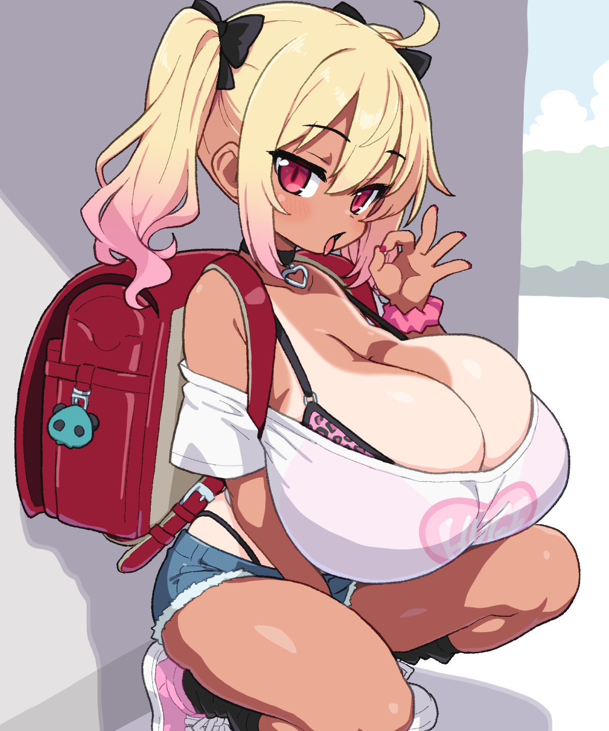 animal print, backpack, bag, blonde hair, bra, breasts, cleavage, denim, denim shorts, fellatio gesture, female, gradient hair, gyaru, highleg, highleg panties, huge breasts, leopard print, looking at viewer, multicolored hair, original, outdoors, panties, pink hair, pink shoes, randoseru, red eyes, shirogane hakuba, shirt, shoes, short shorts, shorts, small but busty, solo, squatting, tan, tanlines, twintails, underwear, white shirt