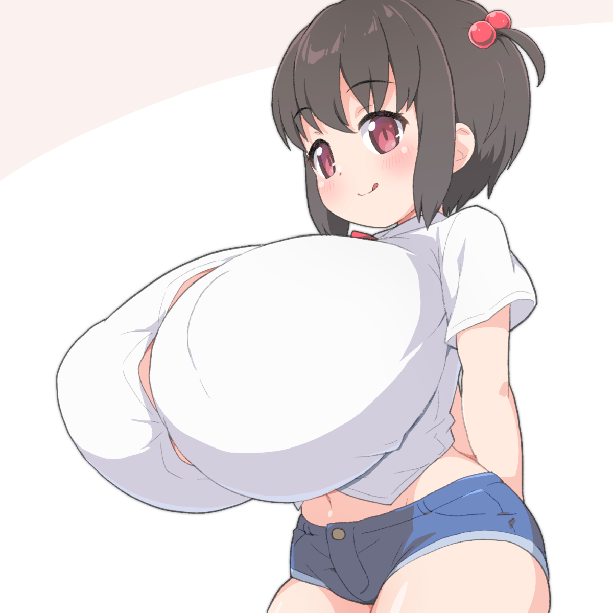 :q, arms behind back, blue shorts, breasts, brown eyes, brown hair, bursting breasts, button gap, female, gigantic breasts, hair bobbles, hair ornament, original, shirogane hakuba, shirt, short hair, short shorts, shorts, small but busty, solo, tongue, tongue out, two side up, undersized clothes, white shirt