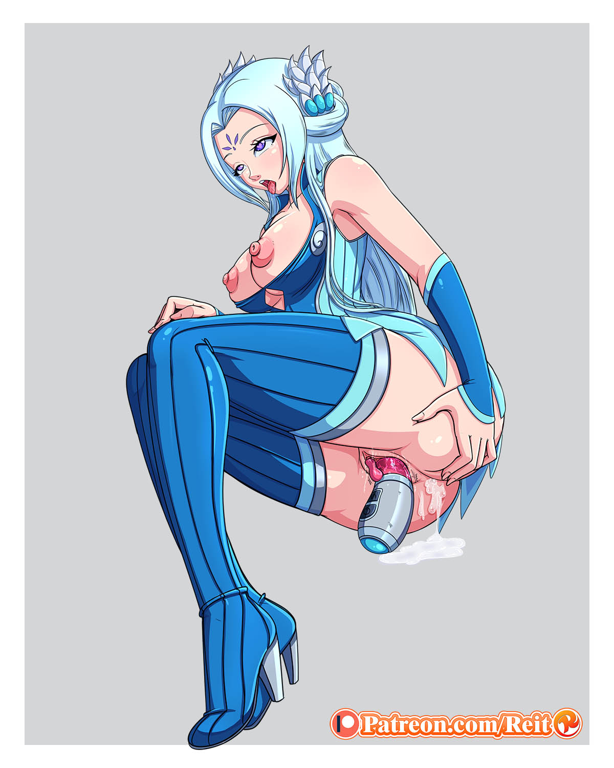 ass, battle through the heavens, blue hair, blush, blushing, boots, breasts, clothed, clothing, cum, cum in ass, cum inside, dildo, female, heart-shaped pupils, high heel boots, insertion, long hair, nipples, open mouth, patreon, penetration, purple eyes, pussy, reit, sex toy, spread ass, thigh boots, thighhighs, tongue, tongue out, torn clothes, vaginal insertion, vaginal penetration, yun yun (battle through the heavens)