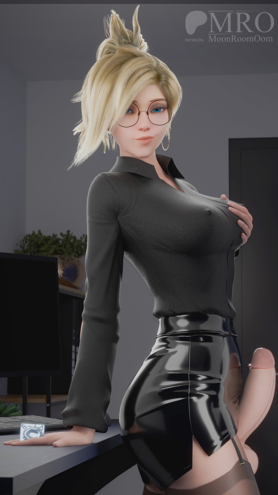 3d, 3d (artwork), blizzard entertainment, blonde hair, blouse, blue eyes, clothed, clothed female, condom, condom wrapper, earrings, erect nipples, erection, futa only, futanari, glasses, latex, latex clothing, latex skirt, looking at viewer, mercy, miniskirt, moonroomoom, office, office clothing, office lady, overwatch, penis, ponytail, shiny clothes, skirt, testicles, thighhighs, uncensored