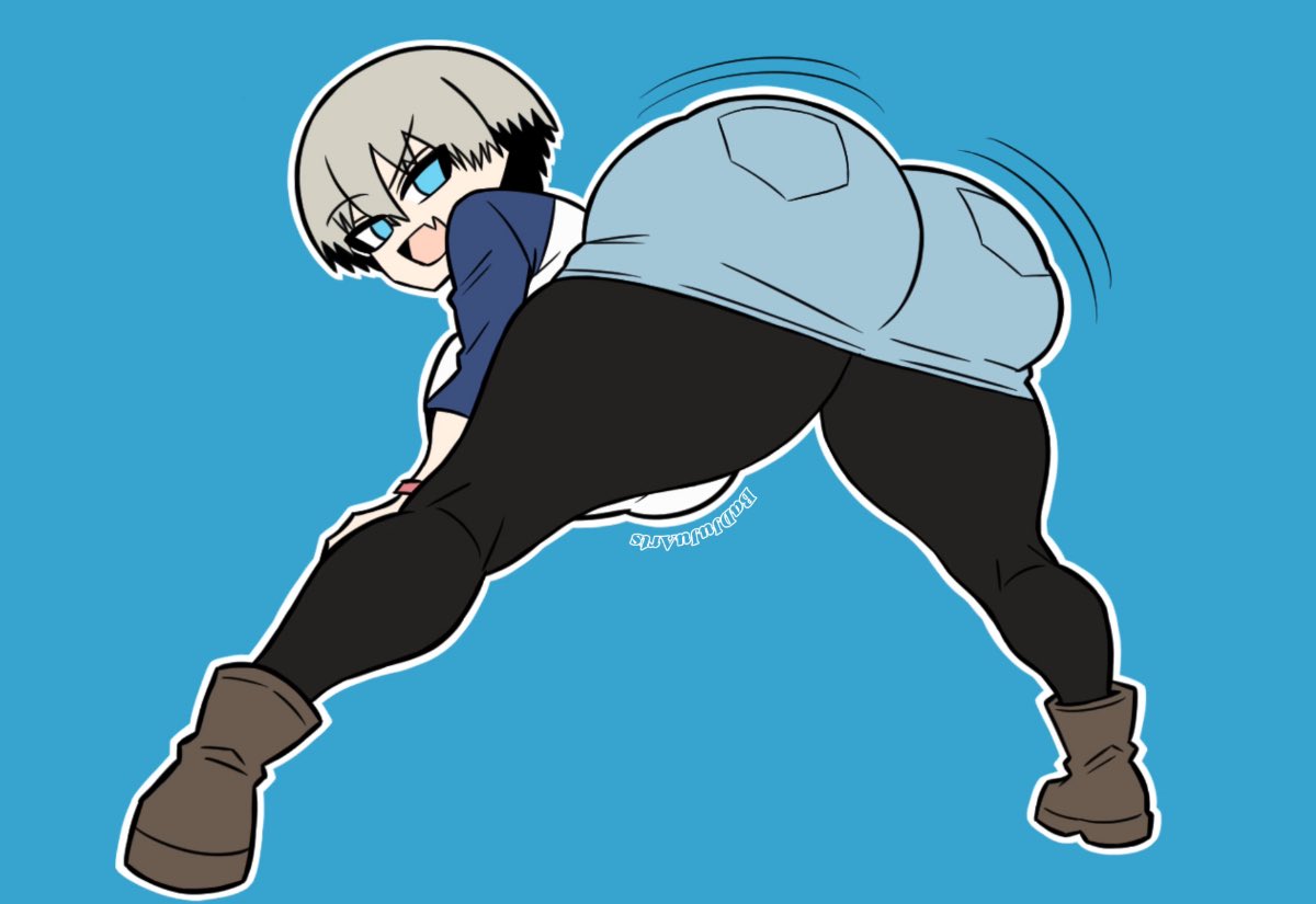 ankle boots, ass focus, ass shake, baby blue clothing, back view, badjujuarts, bent over, black pantyhose, blue background, blue clothing, blue eyes, blue skirt, boots, bowl cut, brat, brown boots, denim shorts, denim skirt, fang, feet apart, female, from behind, full body, grey hair, huge ass, kneepits, large breasts, legs apart, light skin, light-skinned female, looking back, mesugaki, motion lines, outline, pantyhose, raglan sleeves, shaking ass, shorts, simple background, skin fang, skirt, smile, smug, solid color background, solo, standing, uzaki hana, uzaki-chan wa asobitai!, white outline