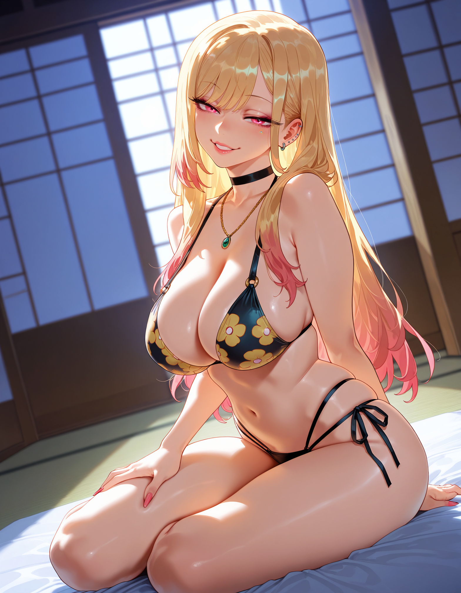 1girls, ai generated, balecxi, bangs, barbell piercing, bare shoulders, bed, bikini, black bikini, black choker, blonde hair, blush, breasts, choker, clavicle, cleavage, clothing, collarbone, colored tips, curvaceous, curvaceous female, curvaceous figure, curvy, curvy figure, ear piercing, earrings, female, female focus, female only, fingernails, floral print, futon, gradient hair, grin, gyaru, half-closed eyes, hand on own thigh, indoors, industrial piercing, inviting, jewelry, kitagawa marin, large breasts, lips, long hair, looking at viewer, multi-strapped bikini bottom, multicolored hair, nail polish, navel, necklace, parted lips, piercing, pink eyes, pink hair, pink nails, presenting, presenting ass, presenting breasts, presenting hindquarters, presenting pussy, presenting self, print bikini, red eyes, seductive, seductive look, seductive smile, shouji, side-tie bikini bottom, side-tie swimsuit, sitting, skindentation, sliding doors, smile, solo, sono bisque doll wa koi wo suru, stomach, string bikini, swimsuit, tatami, thighs, voluptuous, voluptuous female, yokozuwari