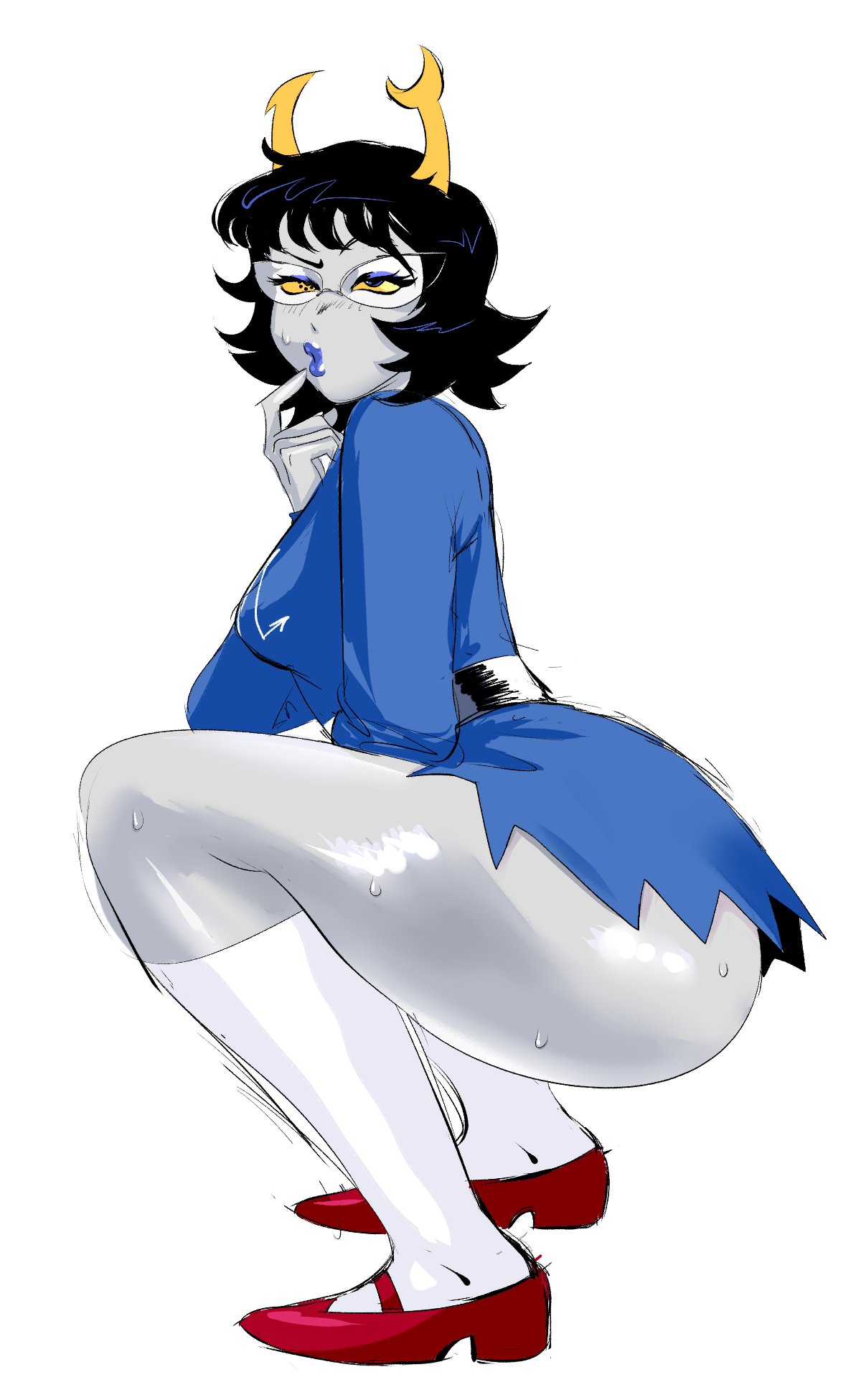 1girls, 2021, aranea serket, ass, big ass, black hair, blue eyes, blue lips, blush, bottomless, bottomless skirt, breasts, bubble ass, bubble butt, clothing, female, glasses, grey skin, homestuck, horns, looking at viewer, lysanthum, ms paint adventures, shoes, short hair, socks, solo, squatting, sweat, troll, white background