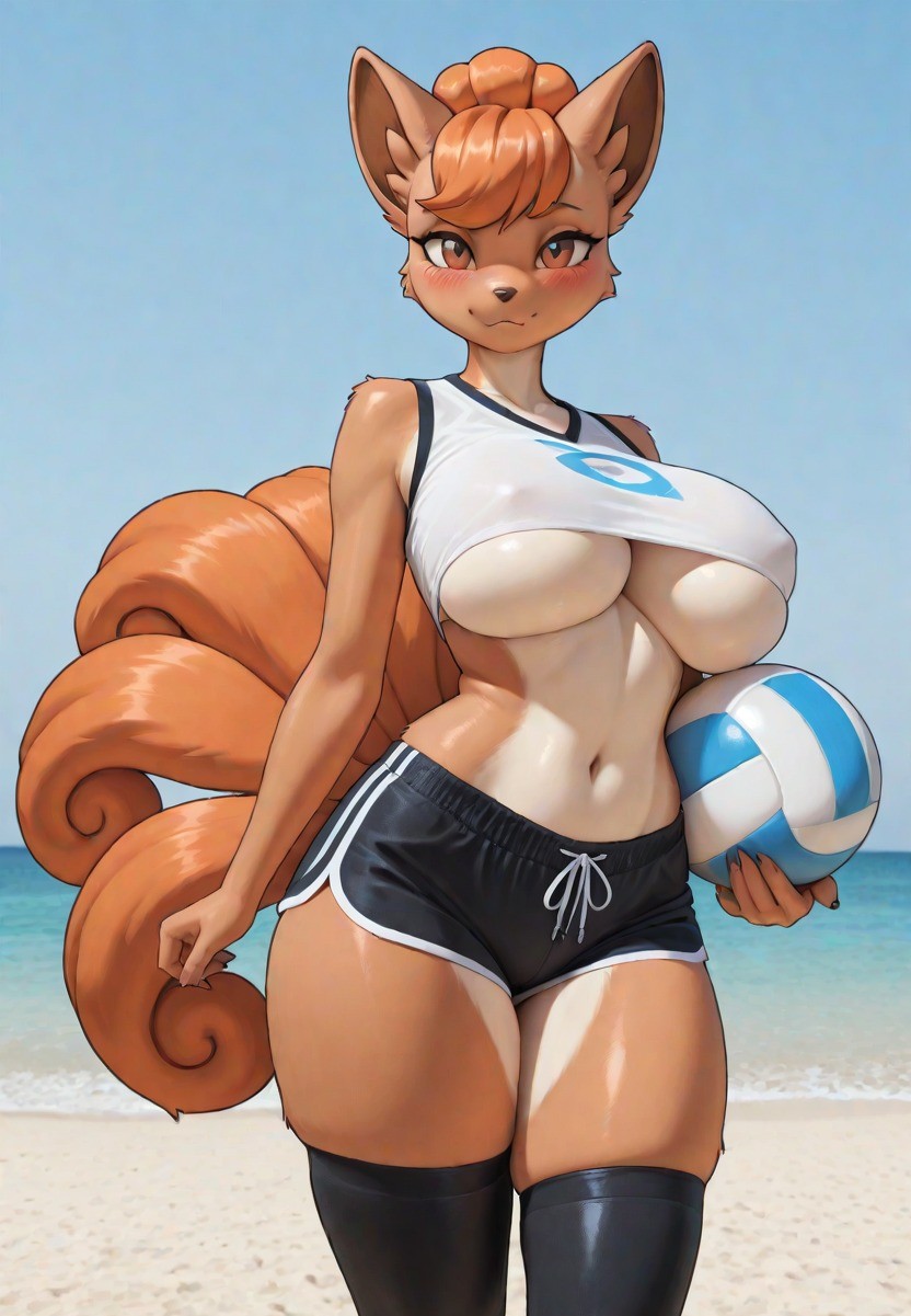 1girls, ai, ai generated, anthro, beach, beach background, big breasts, black legwear, blush, breasts, brown eyes, brown fur, brown hair, brown tail, clothed, clothing, day, daytime, female, fox, fox ears, fox girl, frosting.ai, fur, generation 1 pokemon, holding ball, holding object, legwear, looking at viewer, multi tail, nintendo, non-nude, pointy ears, pokemon, pokemon (species), sand, sea, shirt, shorts, smiling, solo, standing, tail, thick thighs, thighs, tummy, underboob, volleyball, volleyball (ball), volleyball shorts, volleyball uniform, vulpix