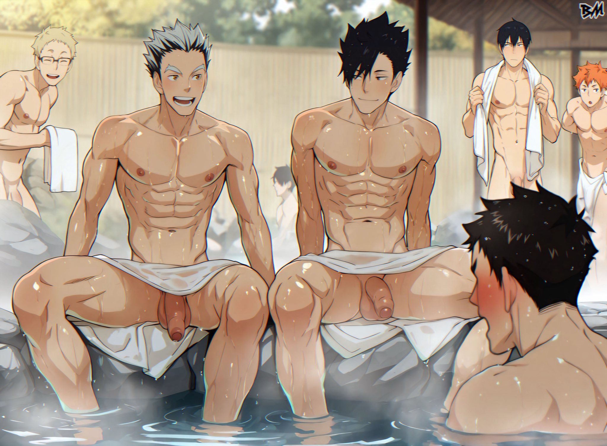 6boys, ai generated, big ass looover, bokuto koutarou, gay, haikyuu!!, hinata shouyou, kageyama tobio, kuroo tetsurou, male, male only, onsen, sawamura daichi, shoyo hinata, tobio kageyama, towel around neck, towel around waist, towel only, tsukishima kei