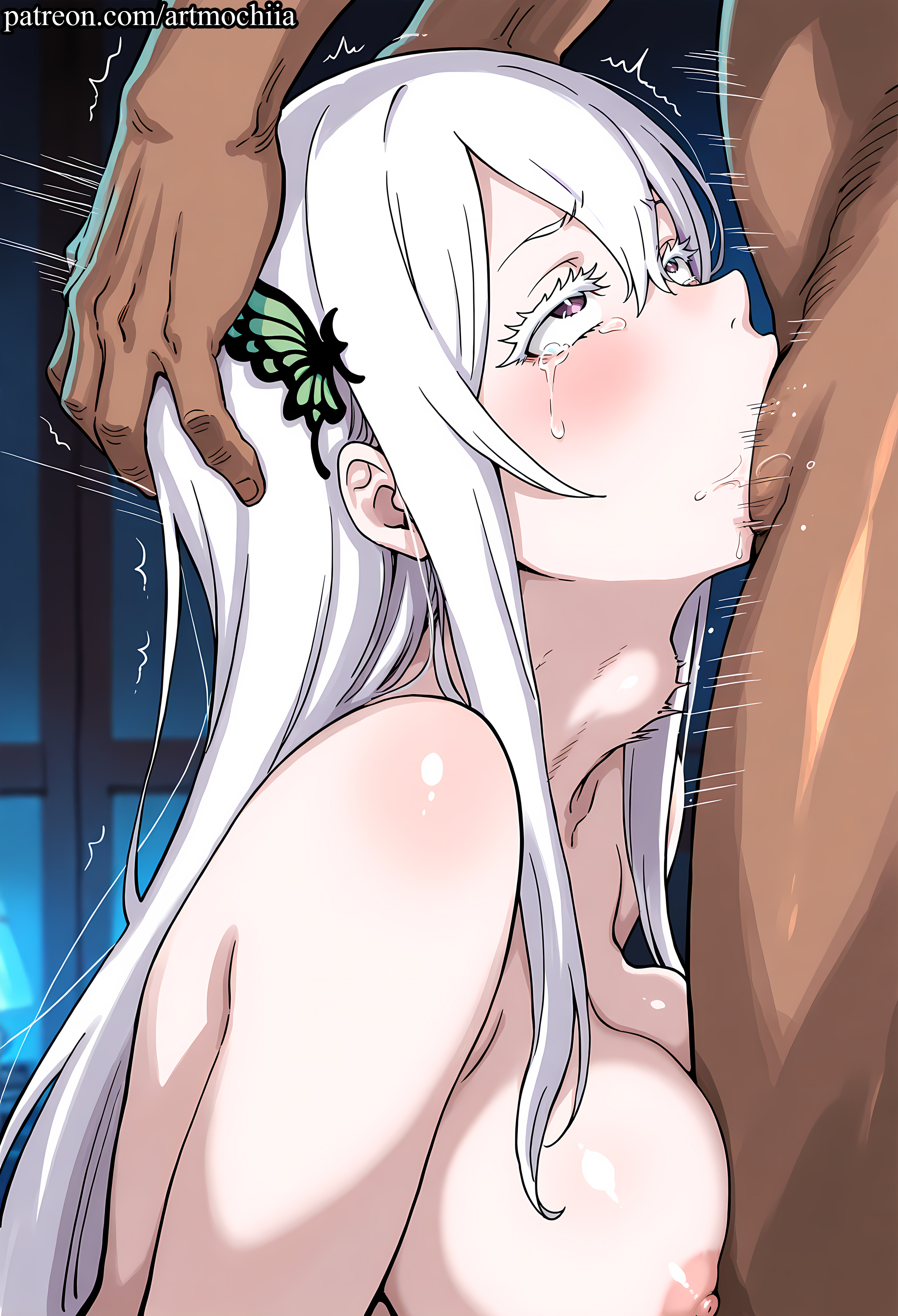 1boy, ai generated, all the way to the base, anime, artmochiia, bangs, big breasts, blush, breasts, curvaceous, curvaceous female, curvaceous figure, curvy, curvy figure, dark skin, dark-skinned male, deepthroat, echidna (re:zero), fanart, fellatio, female, female focus, hair ornament, interracial, irrumatio, large breasts, long hair, motion lines, muscular, muscular male, nipples, nude, nude male, oral, penis, purple eyes, re:zero kara hajimeru isekai seikatsu, rough sex, sex, silver hair, solo focus, straight, tears, trembling, uncensored, voluptuous, voluptuous female, white hair