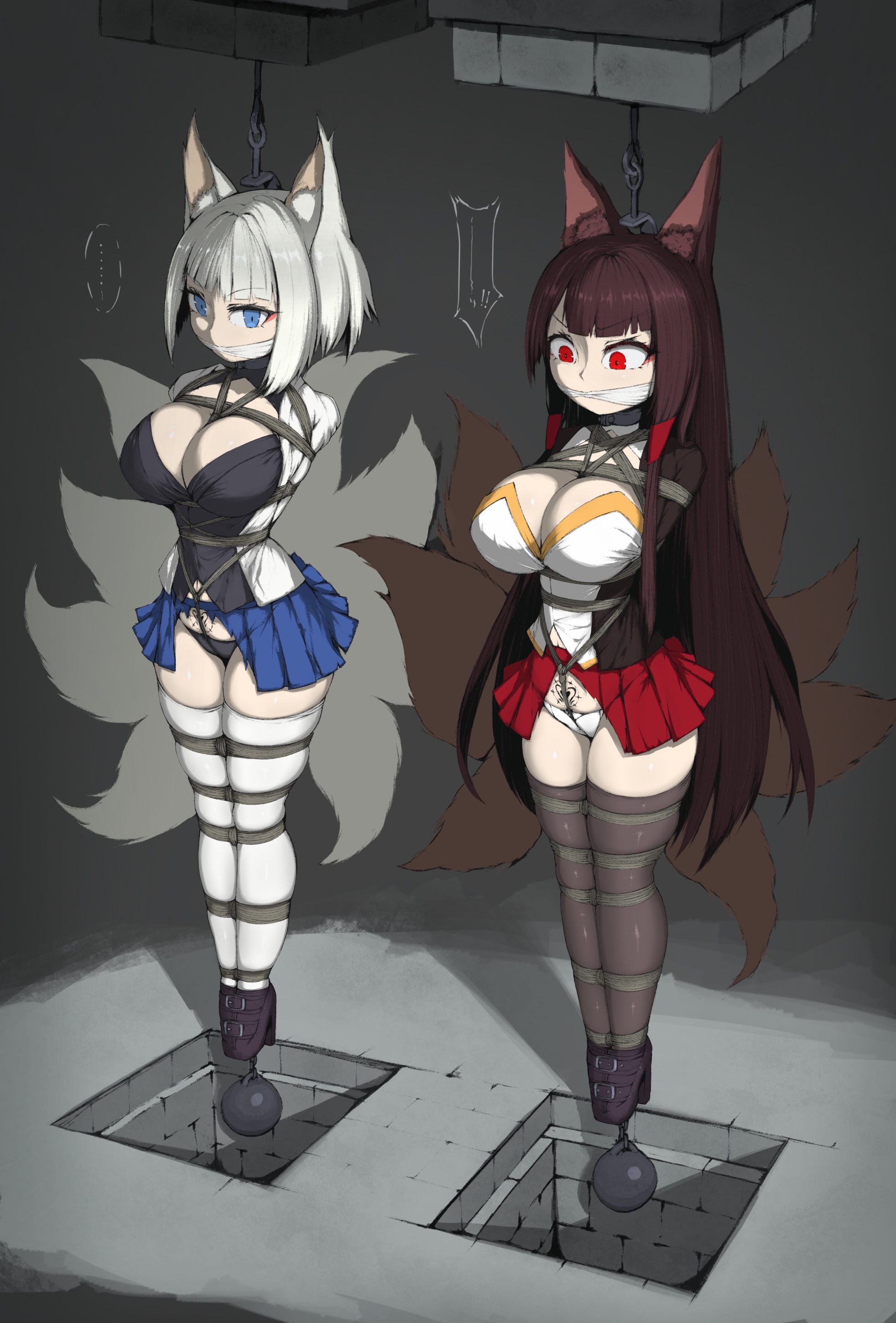 2girls, akagi (azur lane), ameng, arms behind back, azur lane, blue eyes, bondage, bound, bound arms, cat ears, cleavage, crotch rope, female, female only, femsub, gag, gagged, harness, kaga (azur lane), large breasts, miniskirt, panties, pubic tattoo, red eyes, rope, showgirl skirt, skirt, stockings, suspension, tagme, tattoo, thighhighs