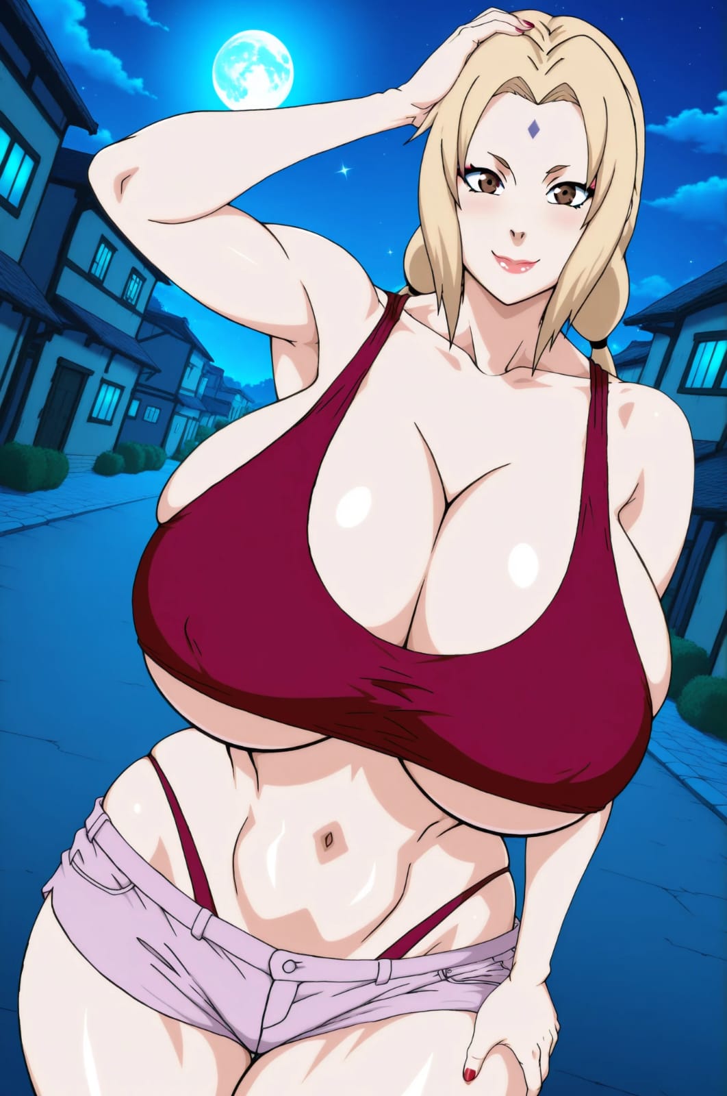 ai generated, big breasts, big butt, giant breasts, huge breasts, naruho, naruto, naruto (series), night, perfect body, solo, tsunade, voluptuous, voluptuous female