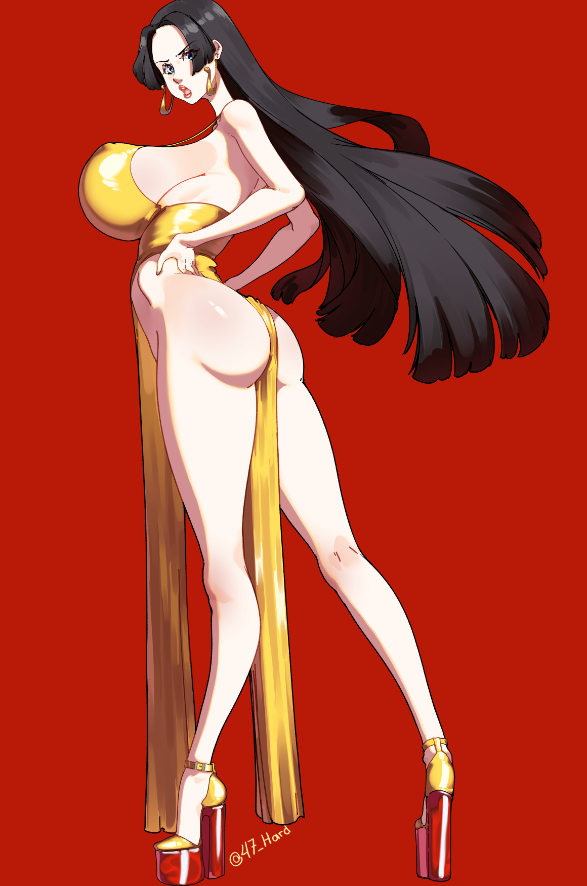 47 hard, artist name, ass, black hair, blue eyes, boa hancock, clothing, curvaceous, curvy, double slit dress, dress, earrings, female, female only, gold dress, high heels, huge breasts, nipples visible through clothing, one piece, platform heels, skimpy clothes