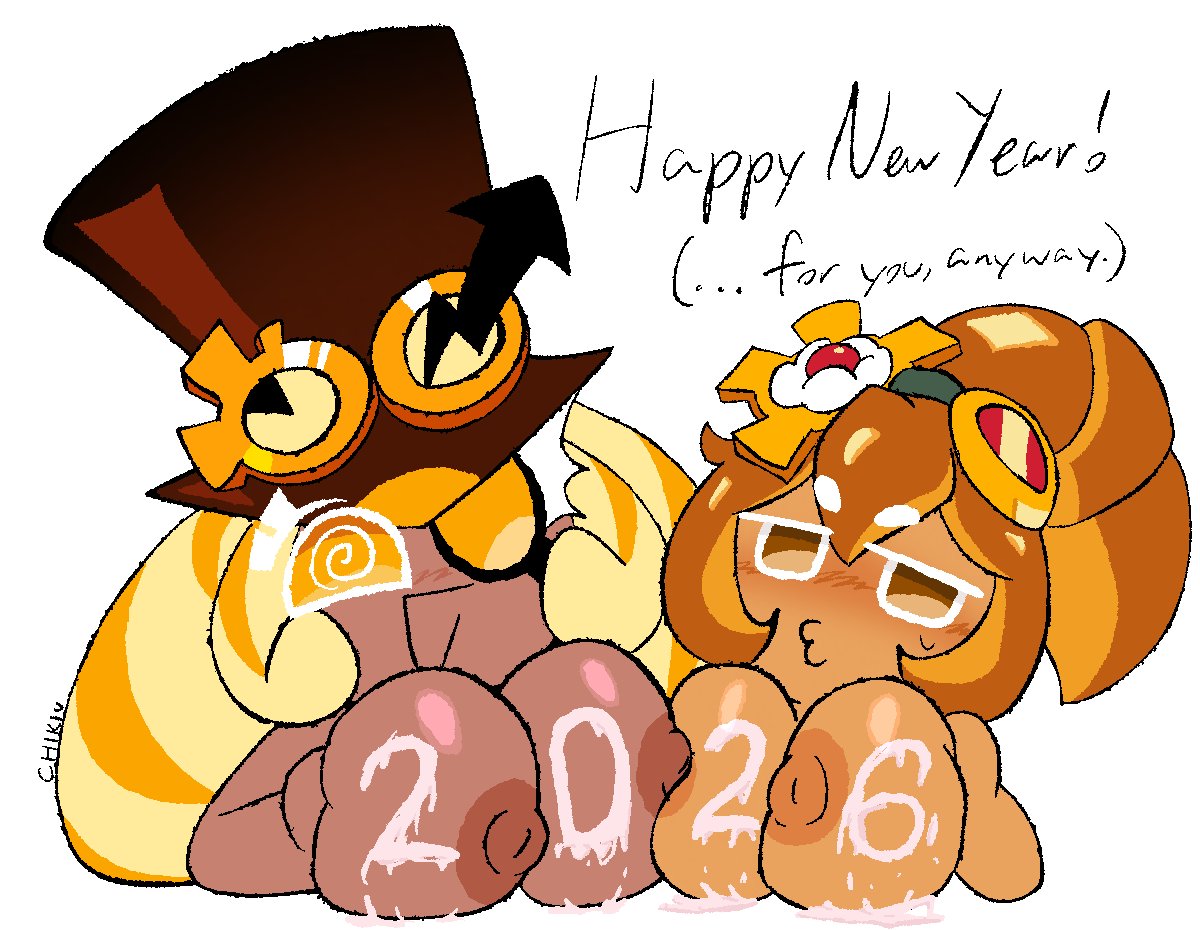 big breasts, blonde hair, chikidoodlez, cookie run, cookie run ovenbreak, croissant cookie, cum, cum on breasts, happy new year, long hair, new year, tagme, timekeeper cookie, tirazyy, tophat, writing on body, writing on breasts