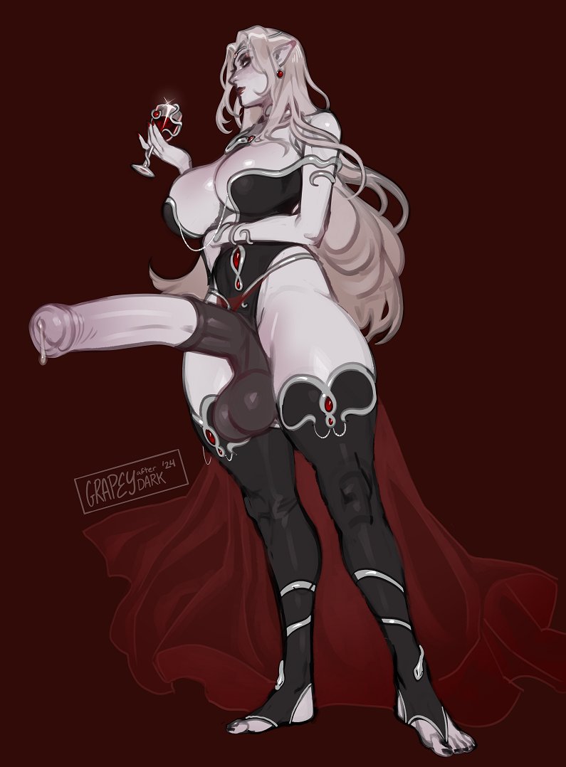 animal genitalia, animal genitalia on humanoid, arm under breasts, big balls, big breasts, black, blue eyes, cape, cleavage, curvy, elf, elf futa, erect penis, erection, feet, futa, futanari, grapeyguts, gray skin, grey skin, horse penis, horsecock, horsecock futa, horsecock futanari, huge breasts, huge cock, jewelry, leaking precum, long hair, looking away, mcarson, nail polish, penis out, pointy ears, precum drip, queen, silvana zatrias, silver hair, smug, solo, solo futa, taller futa, thick thighs, thighhighs, villainess, voluptuous, voluptuous futa, wavy hair, wine glass
