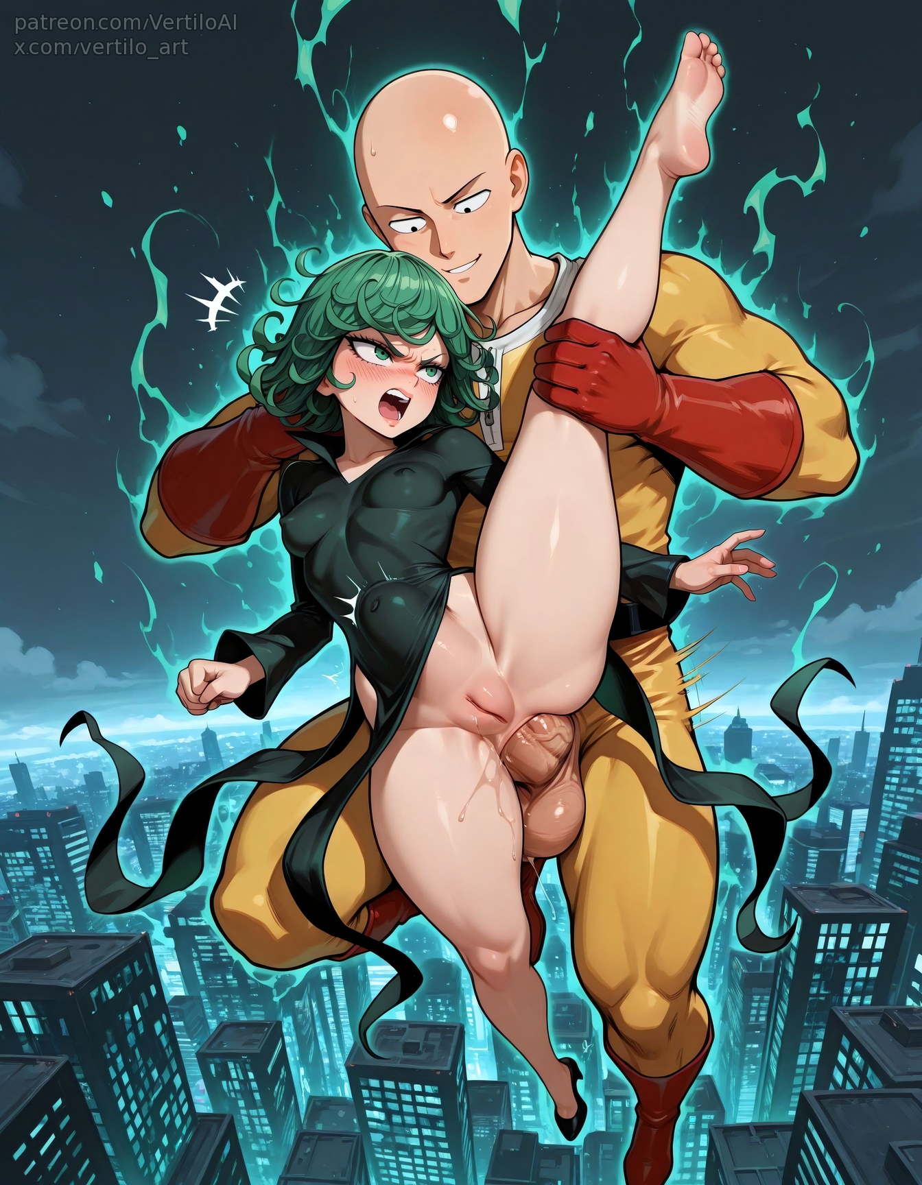 1boy, 1girls, ai generated, anal, anal sex, angry, carrying partner, covered nipples, dress, feet, floating, huge cock, leg up, one bare foot, one-punch man, saitama, size difference, soles, splits, stomach bulge, tatsumaki, vertiloart