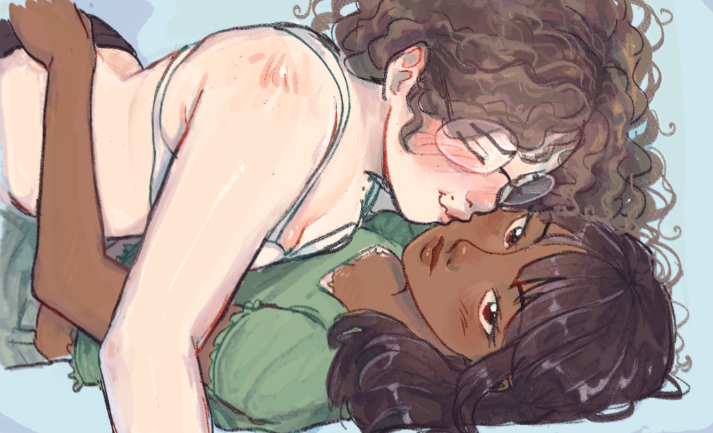 bra, breasts, clothed, cuddling, dark skin, dark-skinned female, evilgaysex, female, glasses, kissing, kissing cheek, looking at viewer, mary beaumont, original characters, pearl ramos, sapphic, wholesome, yuri