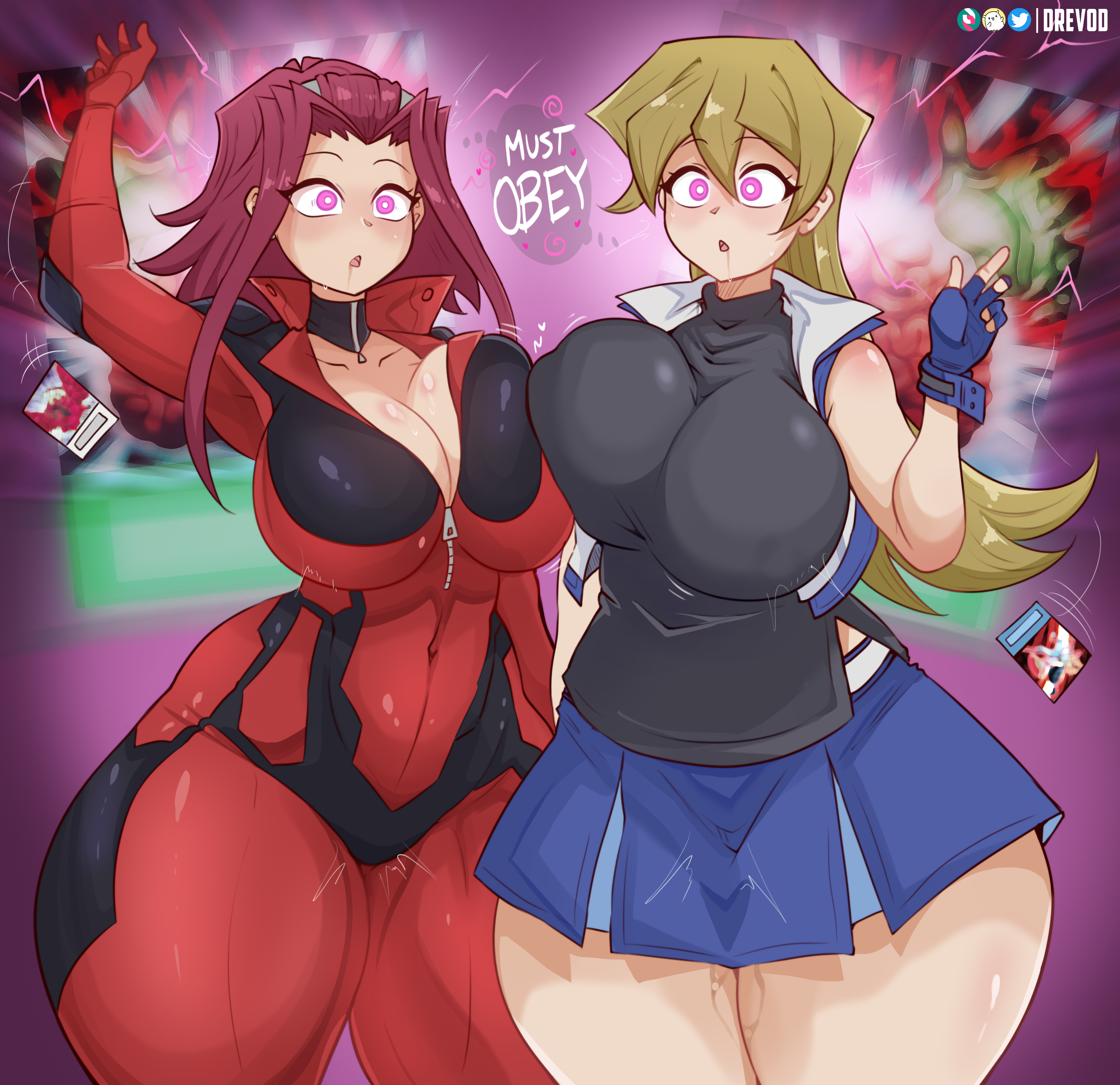 2girls, akiza izinski, alexis rhodes, bellybutton, biker clothes, black rose dragon, blonde female, blonde hair, blonde-haired female, bodysuit, brain control, brain control (yu-gi-oh!), breast press, breast to breast, breasts, breasts squeezed together, card, choker, cleavage, curled hair, drevod, drool, drooling, dropping object, english text, female, female focus, female only, gloves, hair accessory, hypnosis, izayoi aki, large breasts, light skin, light-skinned female, looking at viewer, mind control, mini jacket, multiple girls, navel visible through clothes, necklace, pink eyes, pressed against, pussy juice, red hair, shared thought bubble, short skirt, skirt, slave, subscribestar, subscribestar logo, subscribestar username, text, thick legs, thick thighs, thighs, thought bubble, twitter logo, twitter username, wide hips, yu-gi-oh!, yu-gi-oh! 5d's, yu-gi-oh! arc-v, yu-gi-oh! gx, zipper