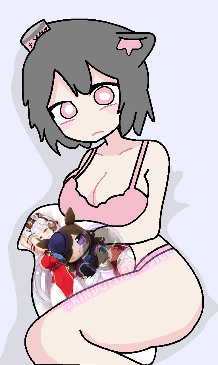 1girls, big breasts, cat ears, confused, confused look, cygames, dakimakura, dakimakura design, dakimakura pillow, dakimakura pose, fish girl, gold ship (run revolt launcher) (umamusume), gold ship (umamusume), gray hair, hugging object, hugging pillow, kemonomimi, kindofmeltedice, oc, original character, partially clothed, pink bra, pink eyes, pink fur, pink panties, plushie, rice shower (rosy dreams) (umamusume), rice shower (umamusume), thighs, tuna, tuna can, tunaplus c, twitter, twitter username, umamusume, umamusume pretty derby