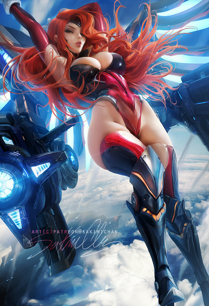 1girls big_breasts bodysuit breasts cleavage female female_only gun_goddess_miss_fortune large_breasts league_of_legends looking_at_viewer miss_fortune riot_games sakimichan solo steel_valkyries_series thighhighs