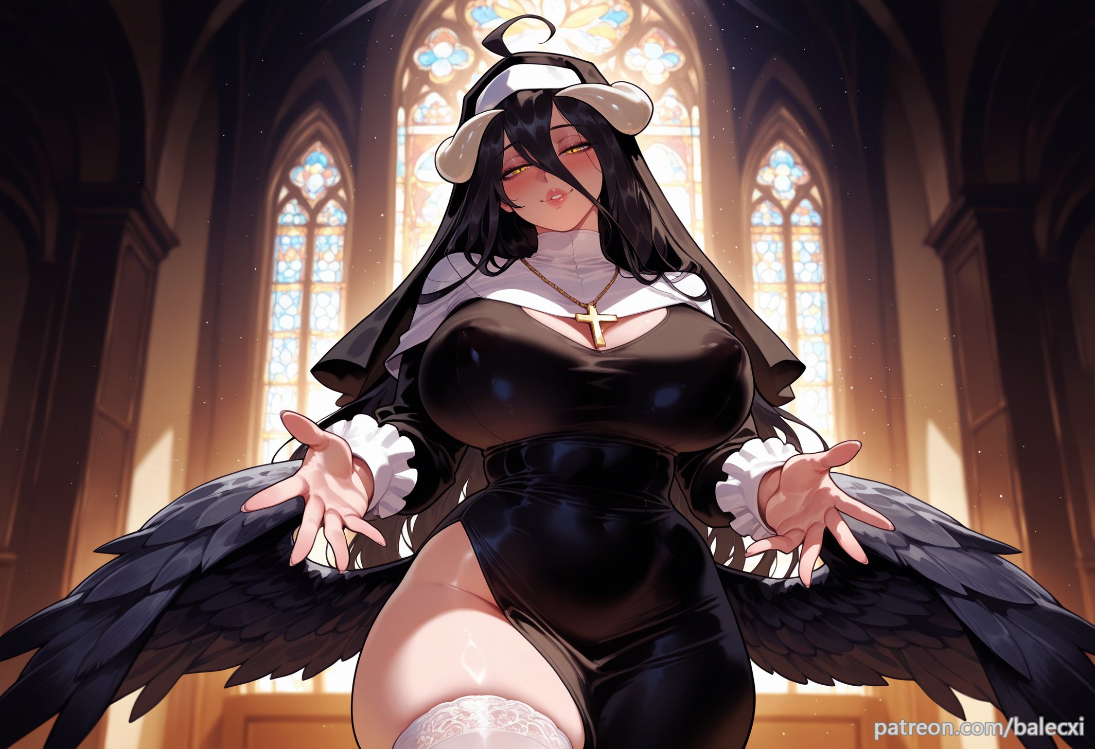 ahoge, ai generated, albedo (overlord), balecxi, black dress, black hair, black wings, blush, church, covered navel, covered nipples, cross, demon girl, demon horns, feathered wings, feathers, female, habit, hair between eyes, indoors, jewelry, large breasts, long hair, long sleeves, looking at viewer, low wings, necklace, nun, overlord (maruyama), parted lips, patreon username, solo, thighs, white horns, white thighhighs, yellow eyes