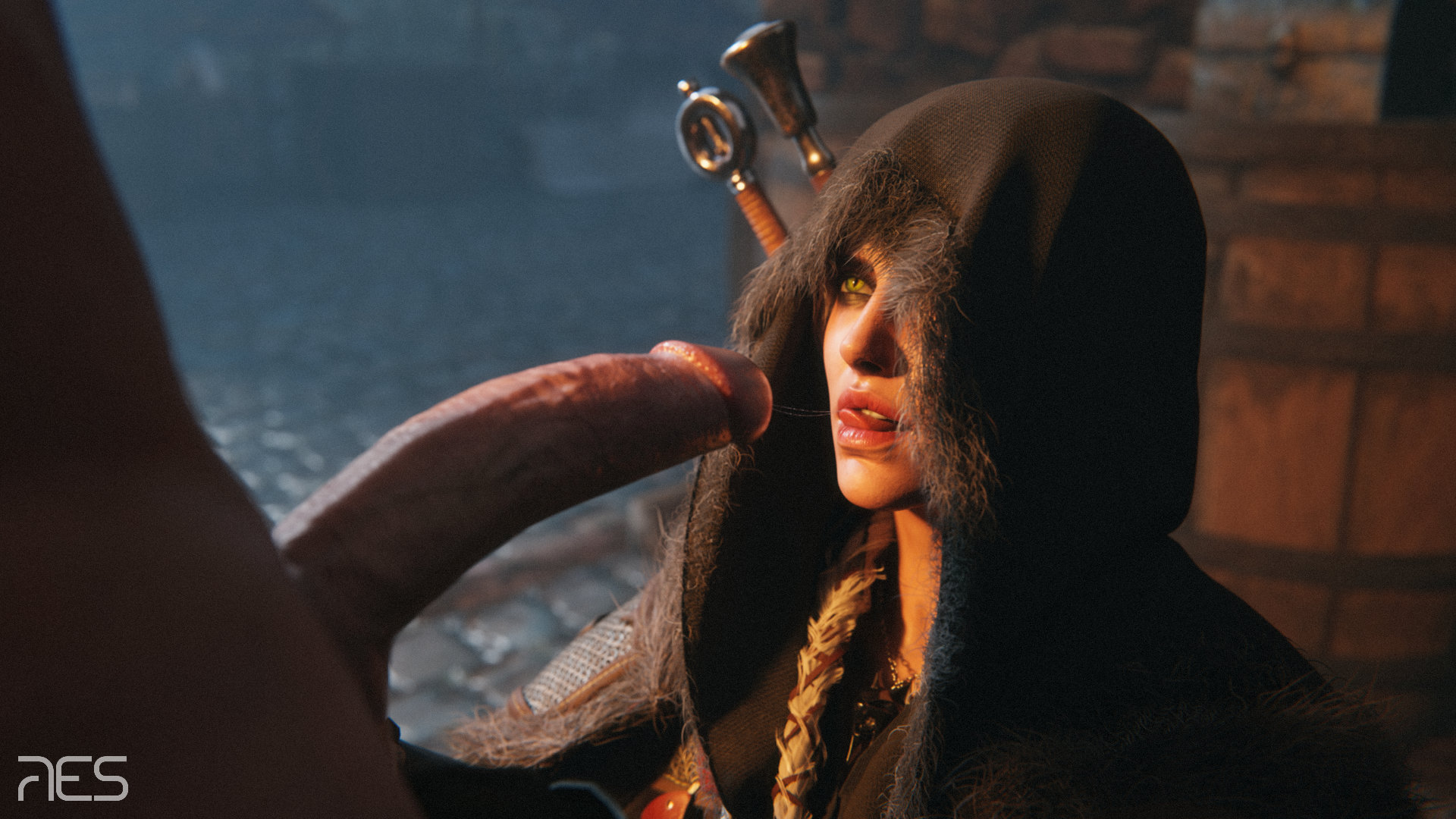 3d, big penis, braid, cd projekt red, ciri, female, freckles, green eyes, hood, imminent fellatio, imminent oral, kneeling, kneeling oral position, licking lips, light skin, light-skinned female, light-skinned male, looking at partner, male, mascara, pants down, penis, res (artist), saliva, saliva trail, scar, sword, the witcher (series), the witcher 4, tongue out, undressing another, white hair, witcher medallion, witcherres