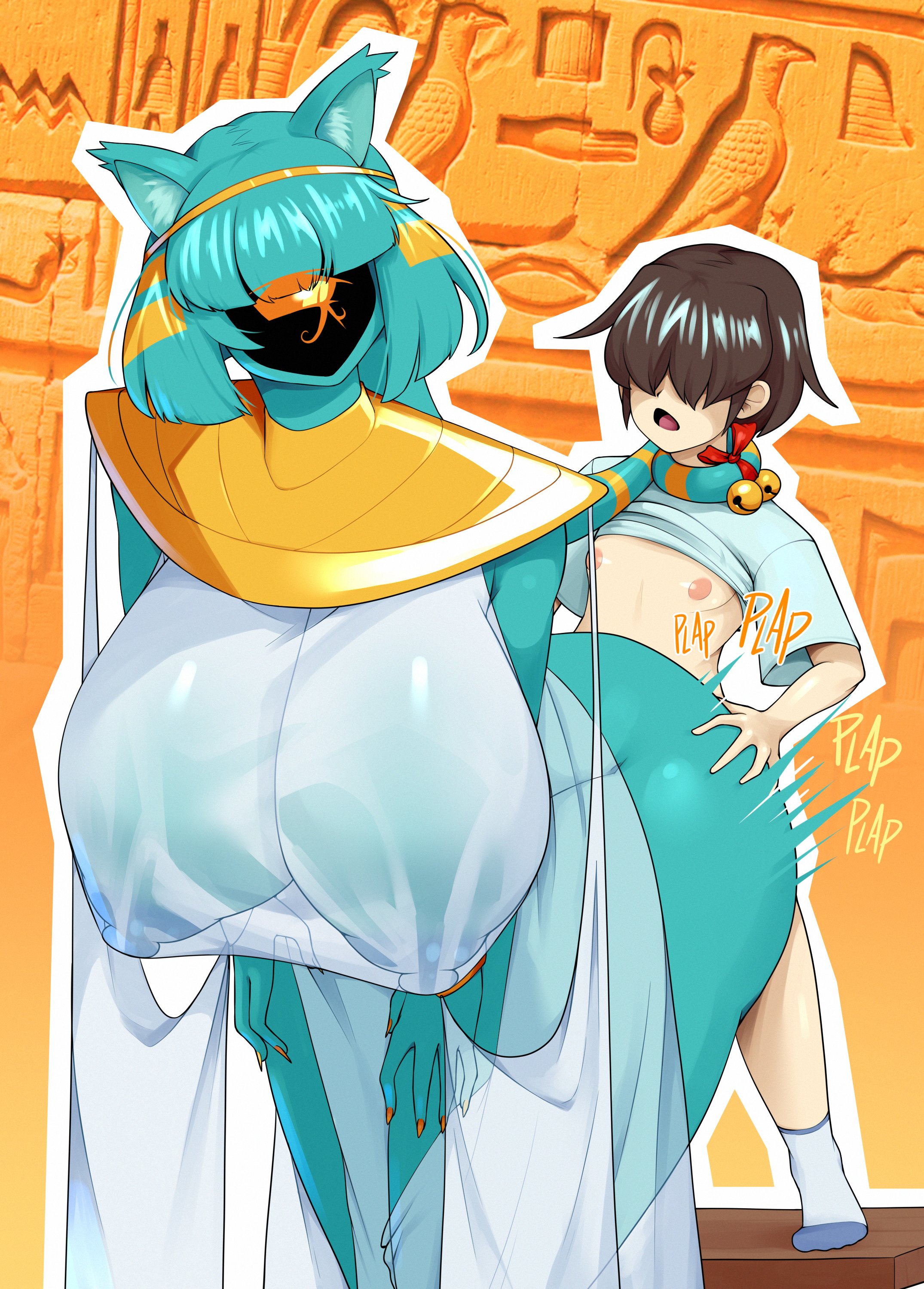 1boy, 1girls, 2d, ambiguous penetration, anthro, anthro penetrated, bangs, big ass, big breasts, blue body, blue fur, blue hair, blue skin, blue-skinned female, breasts, cat ears, cat tail, catgirl, cthulhu mythos, cyclops, egyptian, egyptian clothes, egyptian female, egyptian headdress, ended inferno, endless inferno, eye of horus, female, from behind, furry, furry female, h.p. lovecraft, hair covering eyes, hair over eyes, human on anthro, human penetrating, human penetrating anthro, interspecies, interspecies sex, male, monster girl, nlindustries, nyanlathotep, nyanlathotep (sucker for love), sex, sex from behind, size difference, smaller male, sucker for love, tail, thick ass, thick thighs