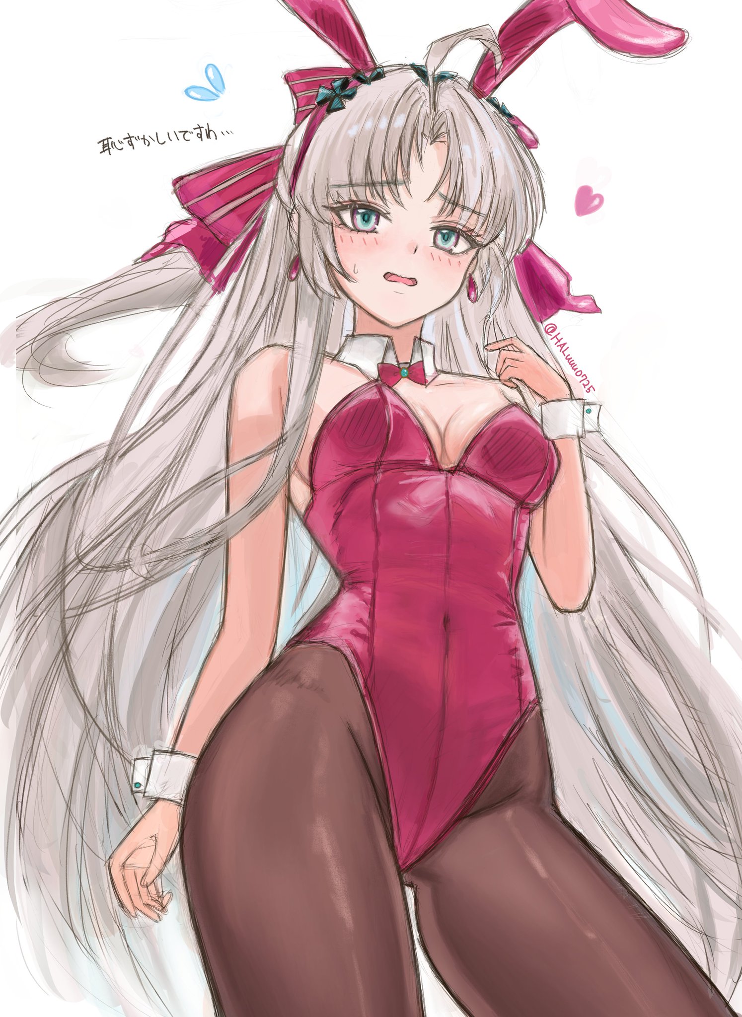 1girls, blue eyes, blush, breasts, bunny ears, bunnysuit, carlotta (wuthering waves), female, female only, long hair, pantyhose, red bunny ears, red bunnysuit, white hair, wuthering waves