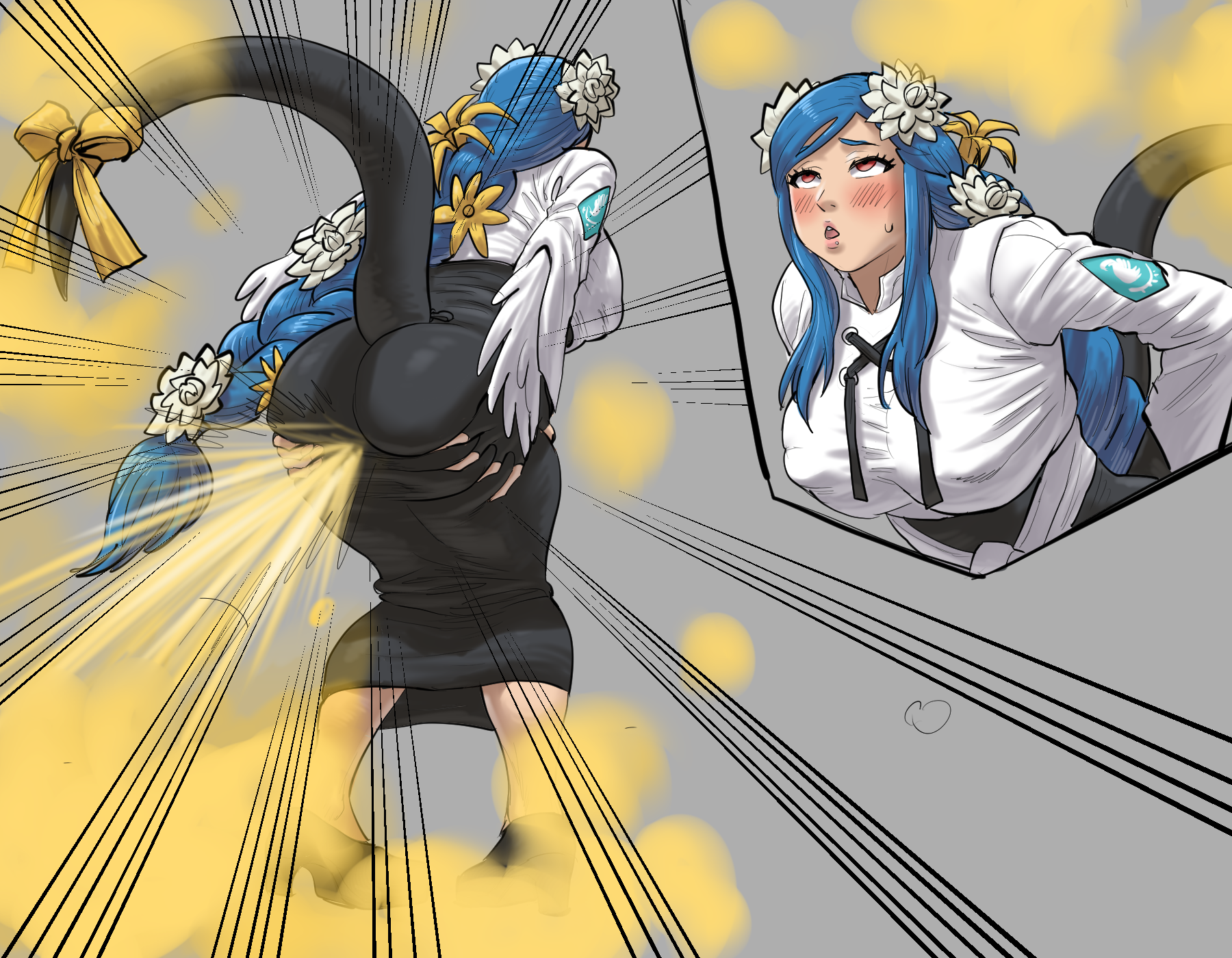 ass, big fart, blue hair, blush, blushing female, breasts, butt, dizzy (guilty gear), dress, fart, fart cloud, fart fetish, farted, female, female focus, female only, girl, guilty gear, guilty gear strive, hair flower, hair ornament, hands on own ass, huge fart, kara comms, large breasts, long hair, loud fart, multiple views, open mouth, queen dizzy, relief, smell, stink fumes, stinky fart, tail