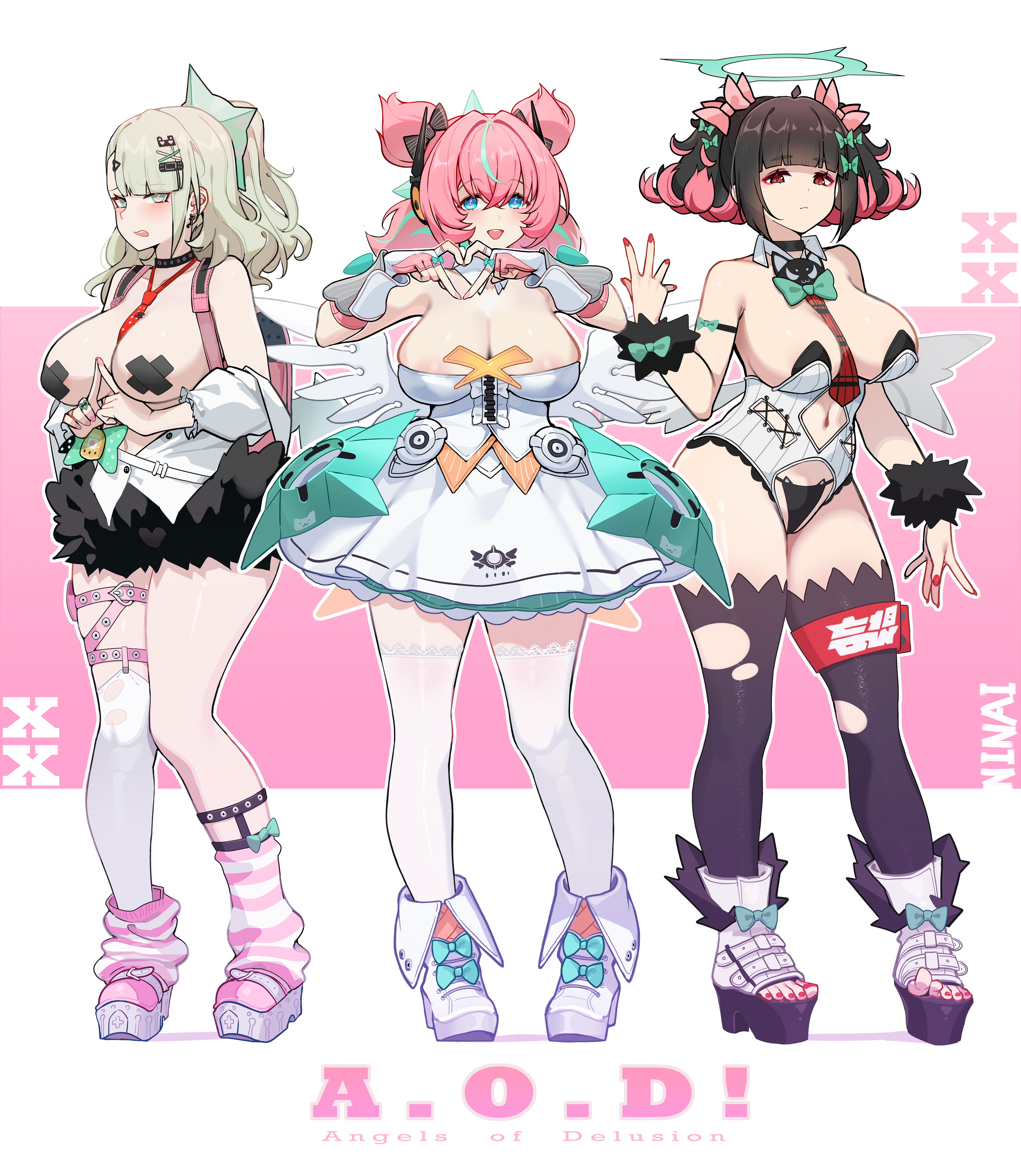 3girls, absurdres, aged up, alternate breast size (larger), angels of delusion, areola slip, aria (zenless zone zero), aria (zenless zone zero) (human form), bare shoulders, black hair, black panties, black skirt, black thighhighs, blue eyes, blunt bangs, blush, bow, bowtie, breasts, chinatsu remiel, cleavage, colored nails, dress, full body, gloves, green eyes, green hair, hair ornament, hairclip, halo, highres, huge breasts, large breasts, leotard, long hair, looking at viewer, medium hair, multicolored hair, multiple girls, nangong yu (zenless zone zero), navel, necktie, ninai, open mouth, painted nails, painted toenails, panties, pasties, pink hair, red eyes, revealing clothes, rokudo sariel, shoes, side ponytail, skirt, smile, socks, sunna (zenless zone zero), thick thighs, thighhighs, thighs, twintails, underwear, white dress, white leotard, white skirt, white thighhighs, wide hips, yutane johiel, zenless zone zero