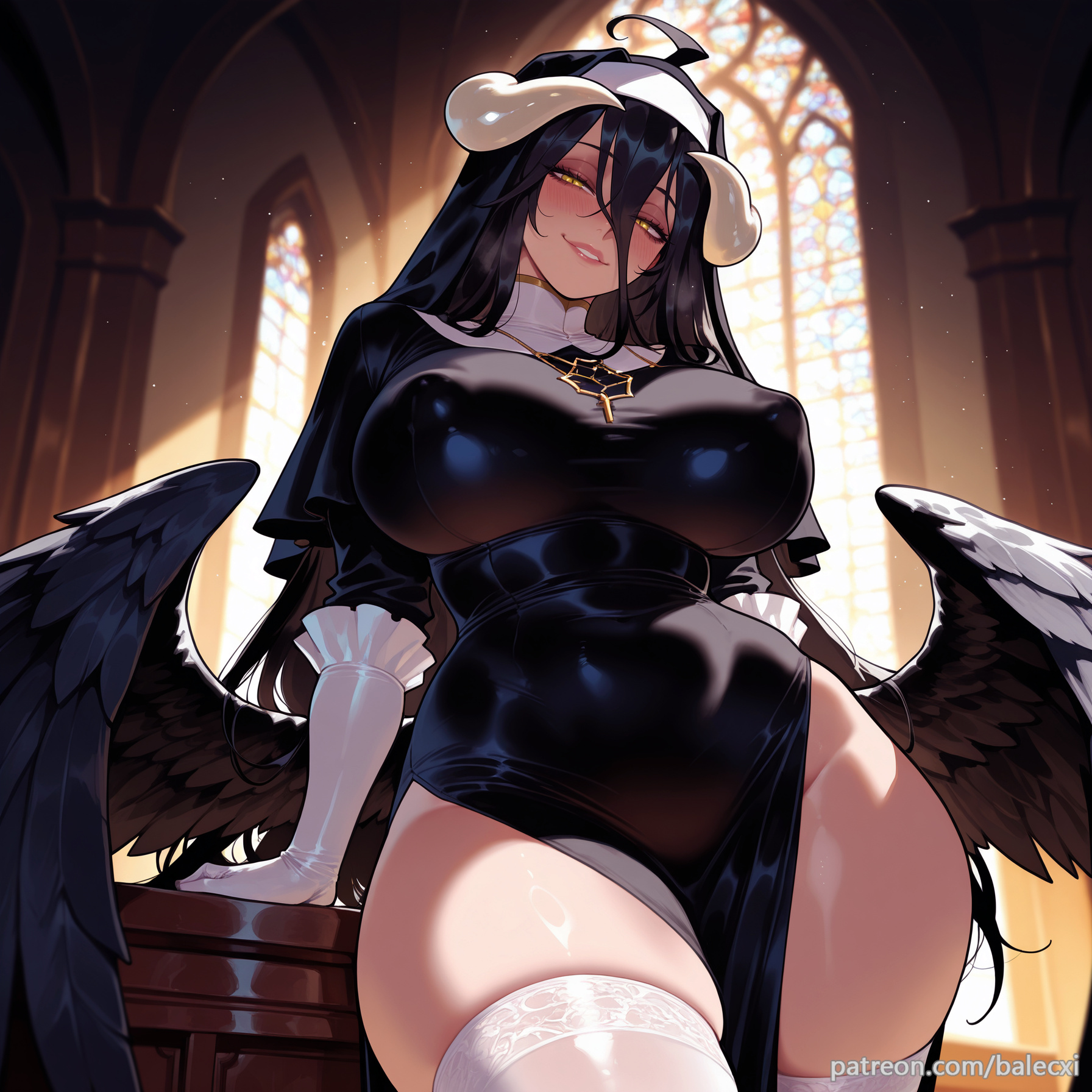 ahoge, ai generated, albedo (overlord), balecxi, black hair, black wings, blush, covered navel, covered nipples, demon girl, demon horns, dress, feathered wings, female, hair between eyes, indoors, large breasts, long hair, long sleeves, looking at viewer, low wings, nun, overlord (maruyama), patreon username, slit pupils, smile, solo, thick thighs, white gloves, white horns, white thighhighs, yellow eyes