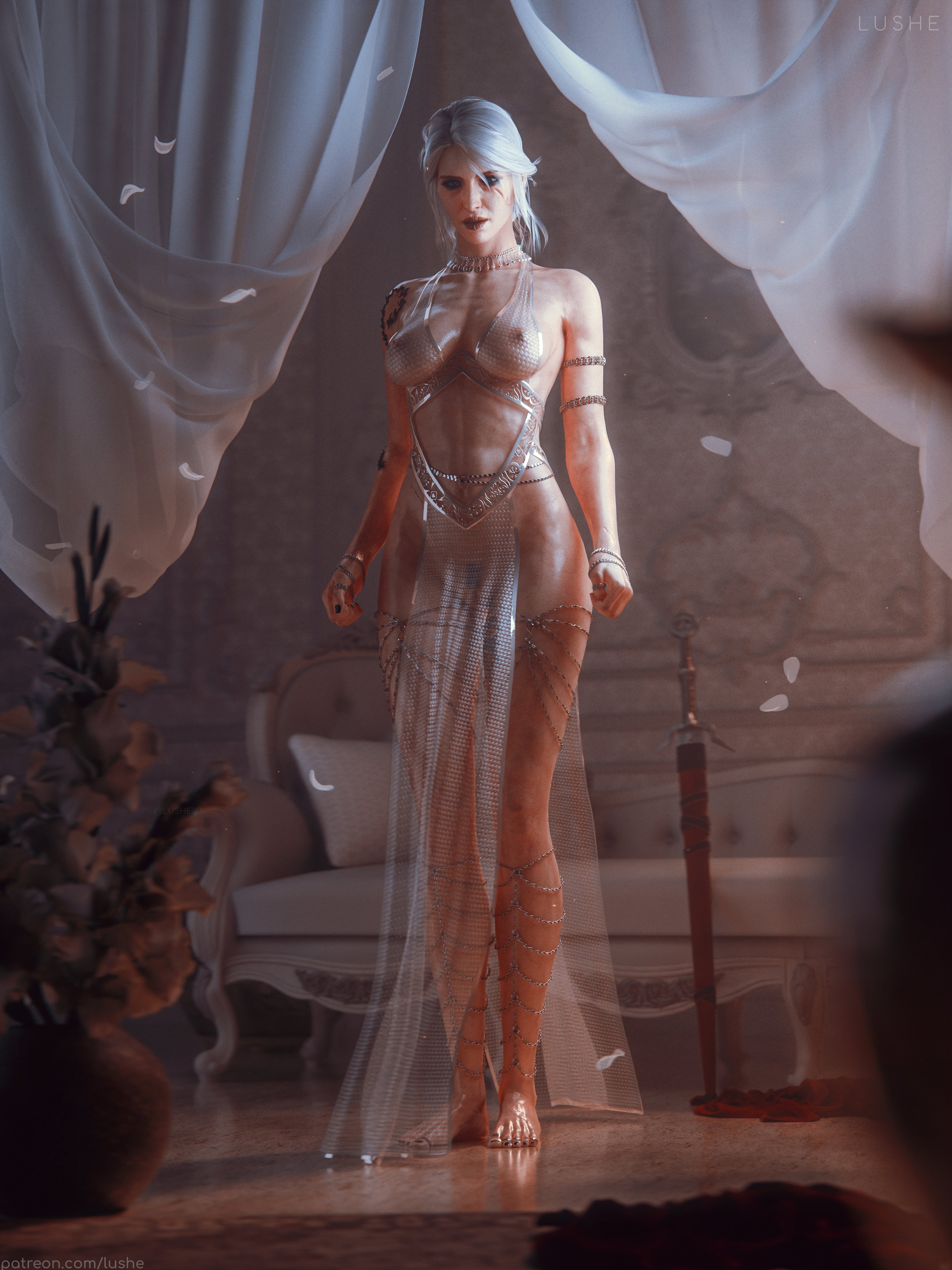 3d, breasts, cd projekt red, ciri, dress, feet, female, freckles, green eyes, light skin, light-skinned female, looking at viewer, lushe3d, mascara, necklace, nipples, nipples visible through clothing, no bra, no panties, piercing, pubic hair, pussy, scar, solo, solo female, sword, the witcher (series), the witcher 3: wild hunt, transparent clothing, white hair