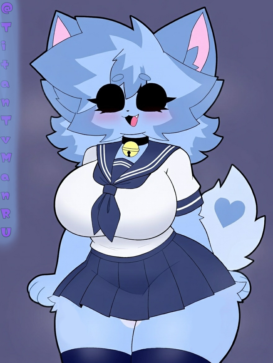 1girls, 2026, anthro, arms behind back, artist logo, artist name, artist signature, artist upload, blushing female, breast press, breasts bigger than head, cat ears, cat girl, cat humanoid, cat tail, catstyle kitty, collar, hair, kit community, kit community v2, large hair, legs together, no ai, open mouth, school uniform, shirt, skirt lift, socks, solo female, solo focus, tagme, tie, titantvmanru, uniform female