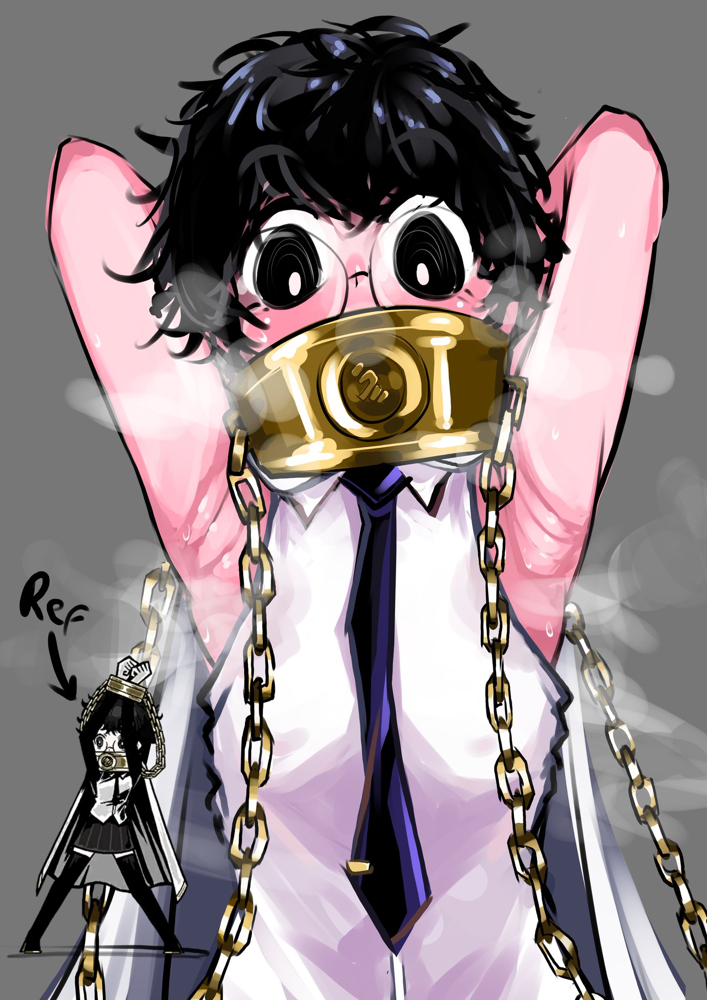 alternate version at source, arkmist59, armpit fetish, armpits, cuffs, limbus company, looking at viewer, musk, project moon, raised arm, solo, solo female, sora (limbus company)