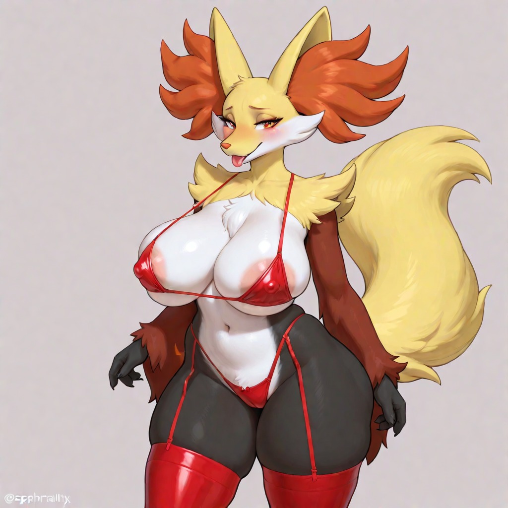 1girls, ai, ai generated, anthro, big breasts, black legs, blush, bra, breasts, delphox, ear, female, fox ears, fox girl, fox tail, frosting.ai, generation 6 pokemon, legwear, looking at viewer, nintendo, nipple outline, non-nude, panties, pink areola, pointy ears, pokemon, pokemon (species), red bra, red eyes, red legwear, red lingerie, red panties, red underwear, solo, standing, tail, thick thighs, thighs, tongue, tongue out, tummy, underwear, yellow tail
