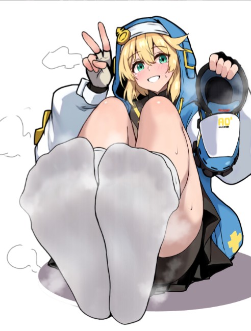 1futa, androgyne symbol, androgynous, black shorts, black skirt, blonde hair, bridget, feet, foot focus, futa only, futanari, gay, green eyes, guilty gear, holding shoe, hoodie, light skin, looking at viewer, peace sign, shorts, skirt, smiling, smiling at viewer, socks, soles, solo, sweat, sweatdrop, tarosu, tarosu (815588243), toes, trans woman, transfem, transgender, white socks