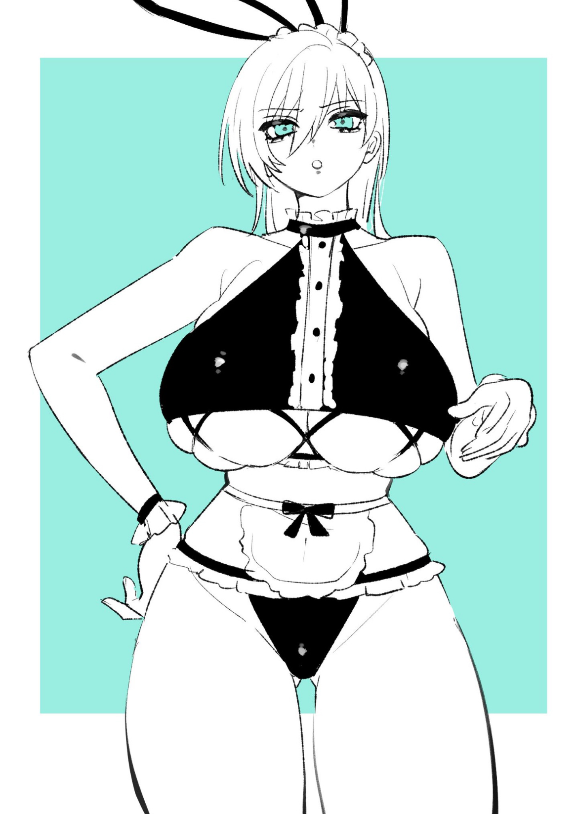 ass visible through thighs, bangs, big breasts, blue eyes, blue lock, bunny, bunny ears, bunnysuit, busty, busty female, child bearing hips, curves, curvy, curvy female, cute, cute face, female, female focus, female only, femlock, genderswap, hand on hip, huge breasts, itoshi rin, long hair, looking at viewer, looking back, maid, maid outfit, oppai, pointing at viewer, rule 63, sexy, sexy body, solo, solo female, solo focus, thick thighs, tiny waist, underboob, wide hips, wide thighs