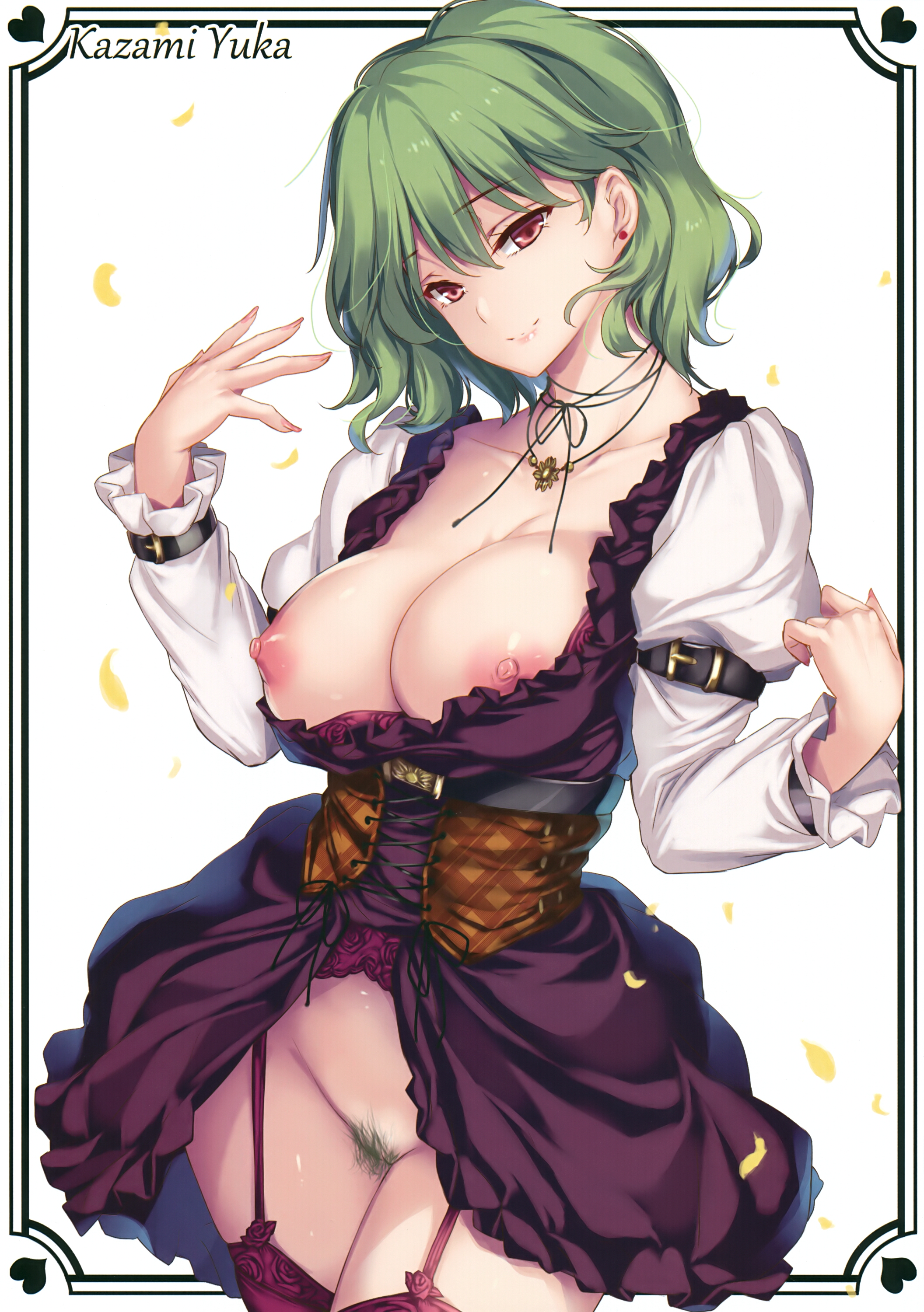 absurdres, alternate costume, arm belt, belt, bottomless, breasts, character name, collarbone, colored pubic hair, cowboy shot, dress, ear piercing, eyebrows visible through hair, female, garter belt, green hair, green pubic hair, hair between eyes, hands up, head tilt, heart, highres, juliet sleeves, large breasts, long sleeves, looking at viewer, moneti (daifuku), nipples, no bra, petals, piercing, pink lips, pubic hair, puffy sleeves, purple dress, red eyes, red legwear, scan, short hair, simple background, smile, solo, standing, thighhighs, thighs, touhou, white background, yuka kazami