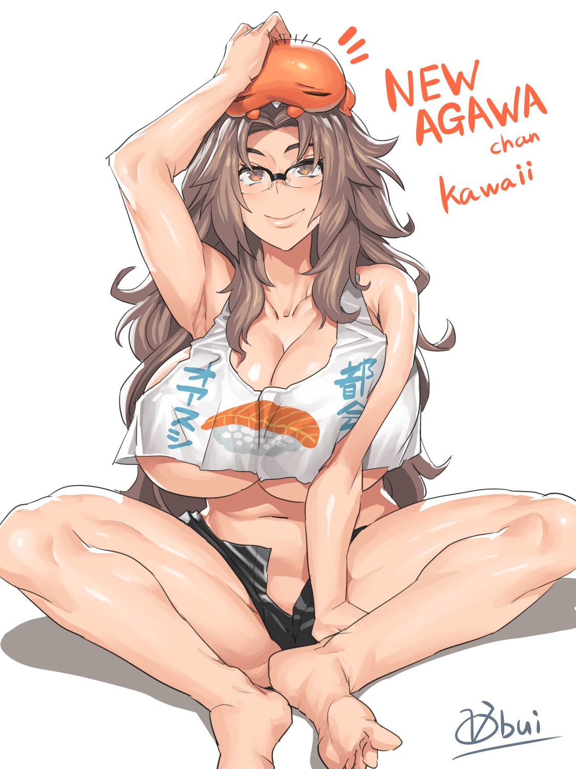 ayumu ooo, breasts, brown eyes, brown hair, cleavage, female, glasses, large breasts, midriff, minishorts, obui, sitting, solo, tank top, underboob, white background