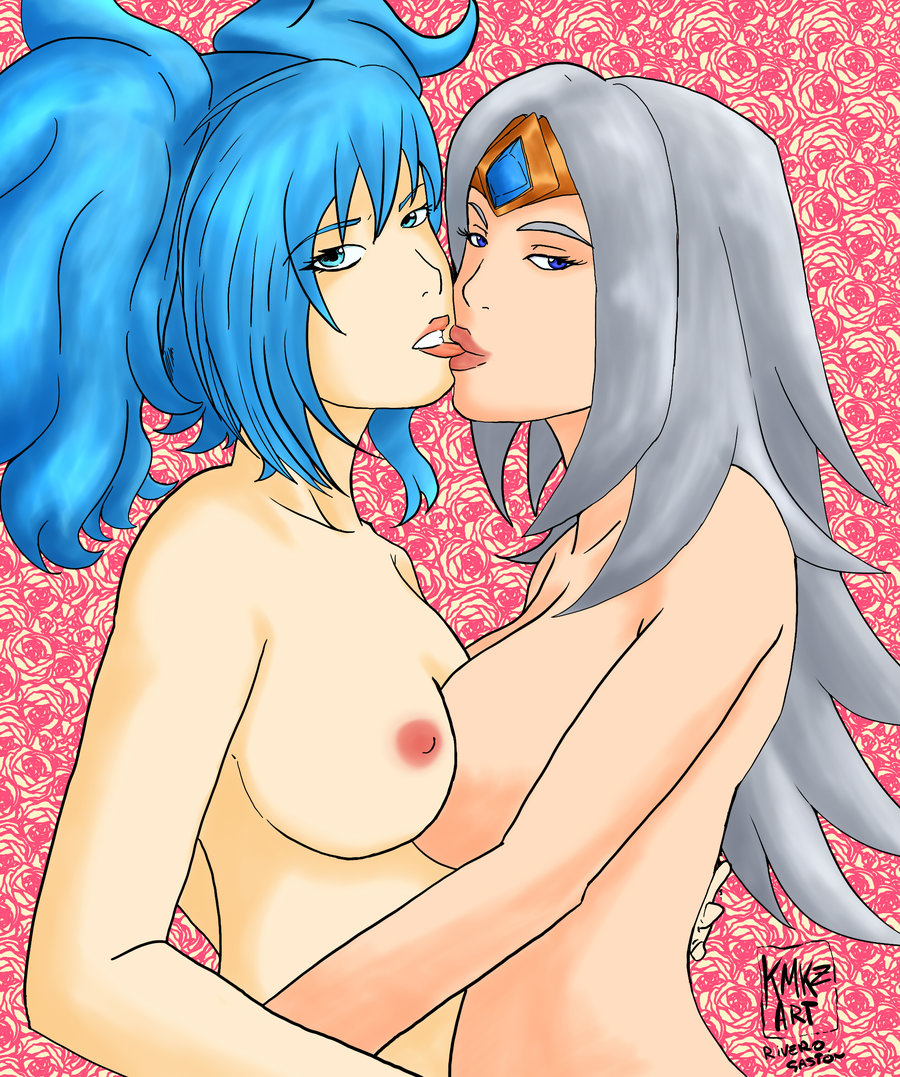 2d 2girls alluring blue_eyes blue_hair evie_(paladins) female_focus female_only hugging kissing kmkz-art lesbian lian_(paladins) light-skinned_female light_skin looking_at_viewer multiple_girls naked nude paladins paladins_champions_of_the_realm pale-skinned_female queen tits twintails white_hair witch yuri