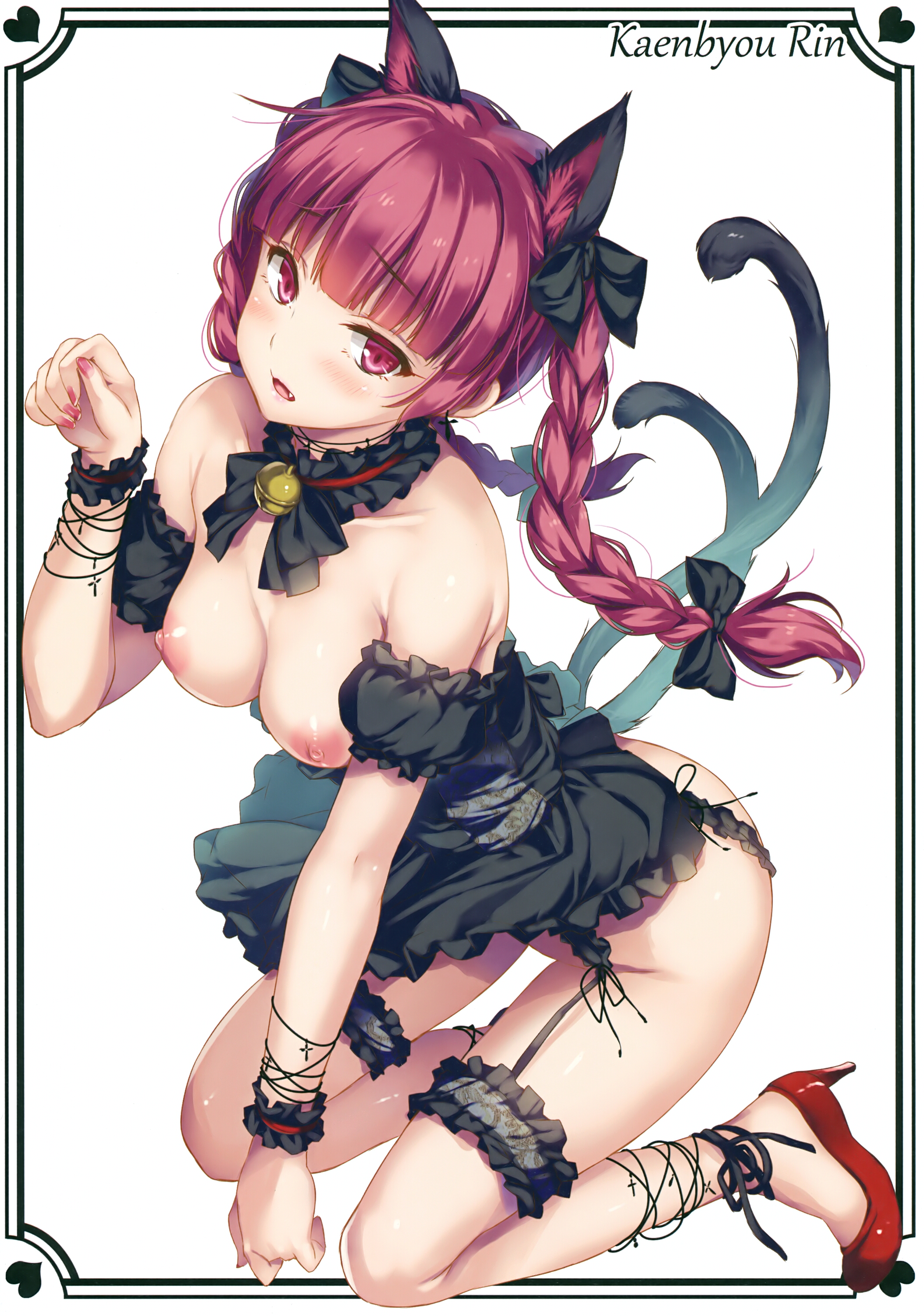 2 tails, absurdres, alternate costume, animal ears, bangs, bell, bell collar, black bow, black collar, black dress, blush, bow, braid, breasts, cat ears, cat tail, character name, collar, collarbone, detached sleeves, dress, eyebrows visible through hair, female, frilled collar, frills, full body, hairbow, hand up, heart, high heels, highres, jingle bell, kneeling, leg garter, long hair, looking at viewer, medium breasts, moneti (daifuku), multi tail, nipples, paw pose, puffy short sleeves, puffy sleeves, red eyes, red footwear, red hair, rin kaenbyou, scan, short dress, short sleeves, solo, tail, tails, touhou, twin braids