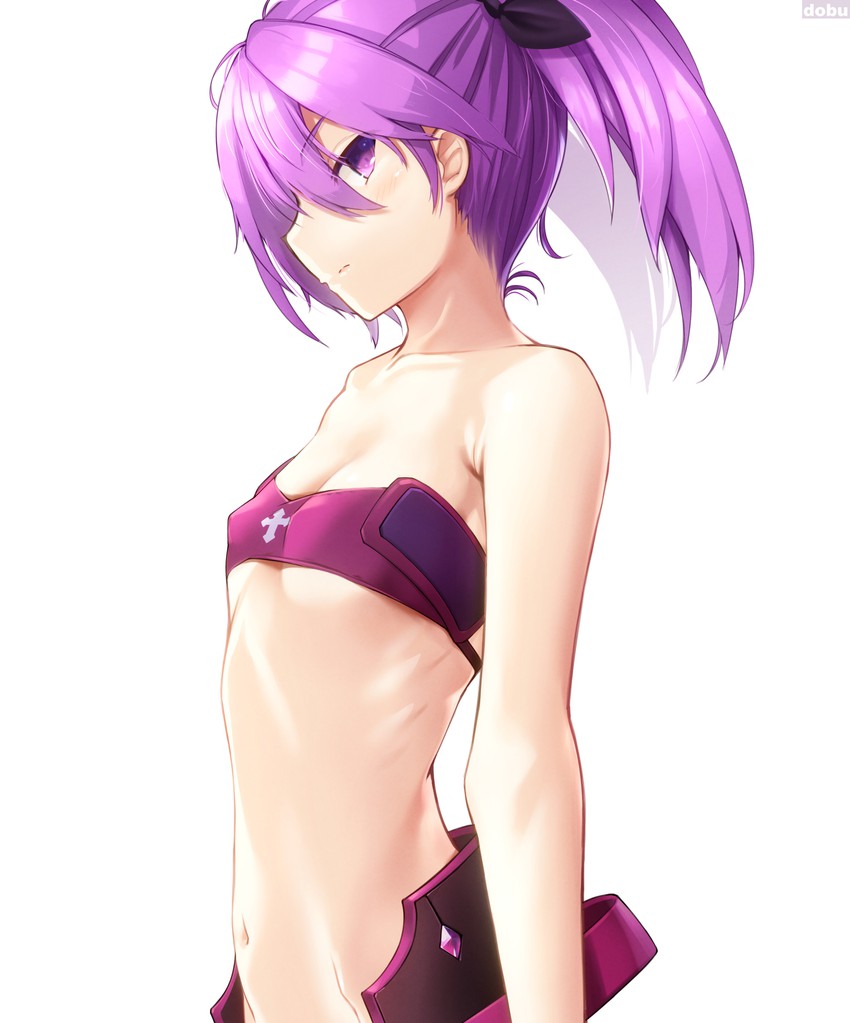 1girls, aisha (elsword), bare shoulders, belly, blush, breasts, cleavage, clothed, dobu, elsword, female, female only, flat chest, flat chested, half-closed eyes, looking at viewer, navel, purple eyes, purple hair, ribs, small breasts, solo, source request, text, thin waist, twintails, underboob, void princess (elsword), watermark, white background
