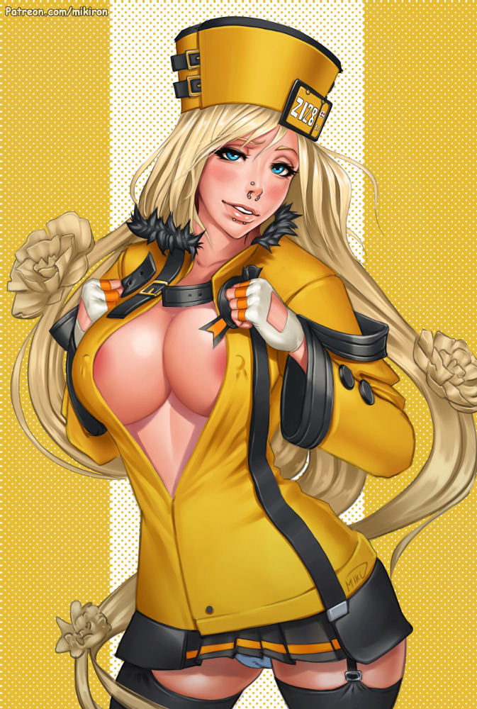 blonde hair, blue eyes, breasts, cleavage, female, fingerless gloves, guilty gear, guilty gear xrd, hat, large breasts, lip piercing, mikiron, millia rage, miniskirt, nose piercing, open shirt, piercing, prehensile hair, skirt, solo, thighhighs