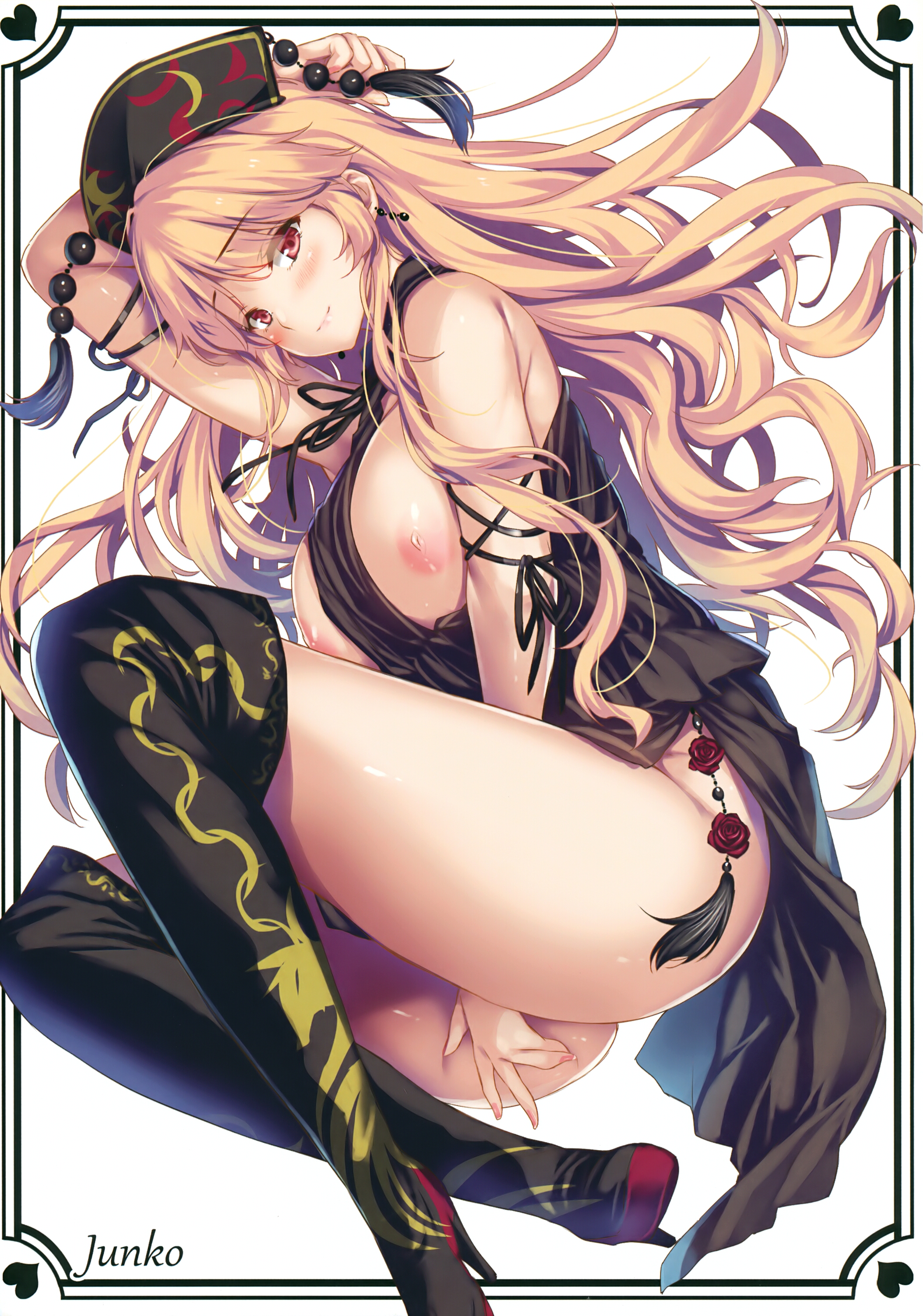 absurdres, alternate costume, arm up, ass, bad feet, bare arms, bare shoulders, black dress, black footwear, blonde hair, blush, boots, bottomless, breasts, breasts out, character name, dress, earrings, exposed breasts, eyebrows visible through hair, feet out of frame, female, flower, headdress, heart, high heels, highres, jewelry, junko (touhou), large breasts, long hair, looking at viewer, moneti (daifuku), nipples, pink lips, red eyes, red flower, red rose, rose, scan, simple background, smile, solo, tassel, thigh boots, thighhighs, thighs, touhou, white background