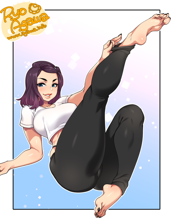 1girls, black nail polish, black nails, blue eyes, feet, female, female only, lying, midriff, nail polish, painted nails, purple hair, ryo agawa, sally anne hayes, soles, solo, t-shirt, toes, yoga pants