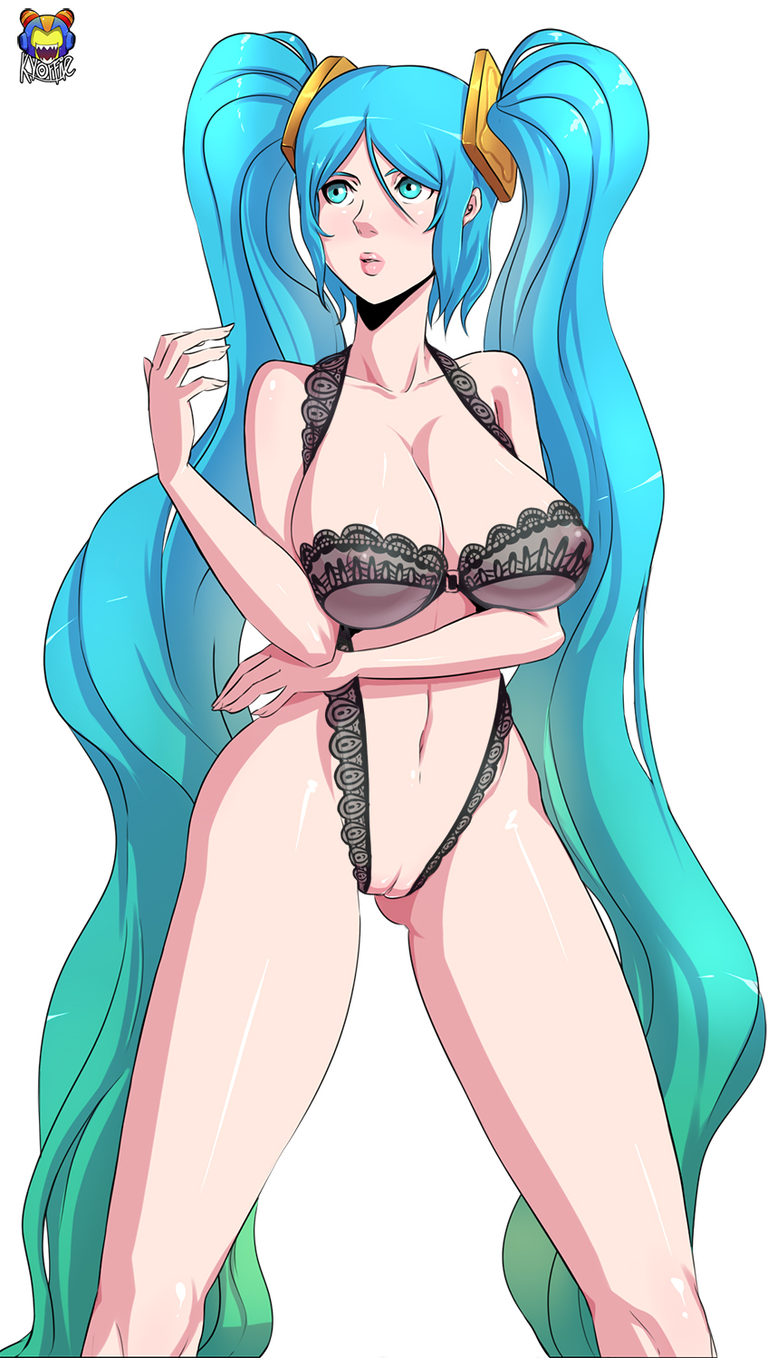 1girls, artist name, black bra, blue eyes, blue hair, blush, bra, breasts, collarbone, crotchless clothes, female, gradient hair, green hair, hair ornament, halterneck, hand up, highres, kyoffie, lace-trimmed bra, large breasts, league of legends, legs apart, lingerie, lips, long hair, matching hair/eyes, multicolored hair, nipples, pussy, see-through, shiny, shiny hair, shiny skin, simple background, solo, sona buvelle, standing, tied hair, twintails, uncensored, very long hair, watermark, white background