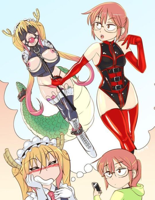 ankle cuffs, artist request, blush, bolero straitjacket, bondage, bound, collar, cuffs, domination, dragon tail, egg vibrator, female, female only, femdom, femsub, gag, gagged, horny, kobayashi, leashed, miss kobayashi's dragon maid, nipple pinch, straitjacket, submissive, tohru (dragon maid), vibrator, yuri