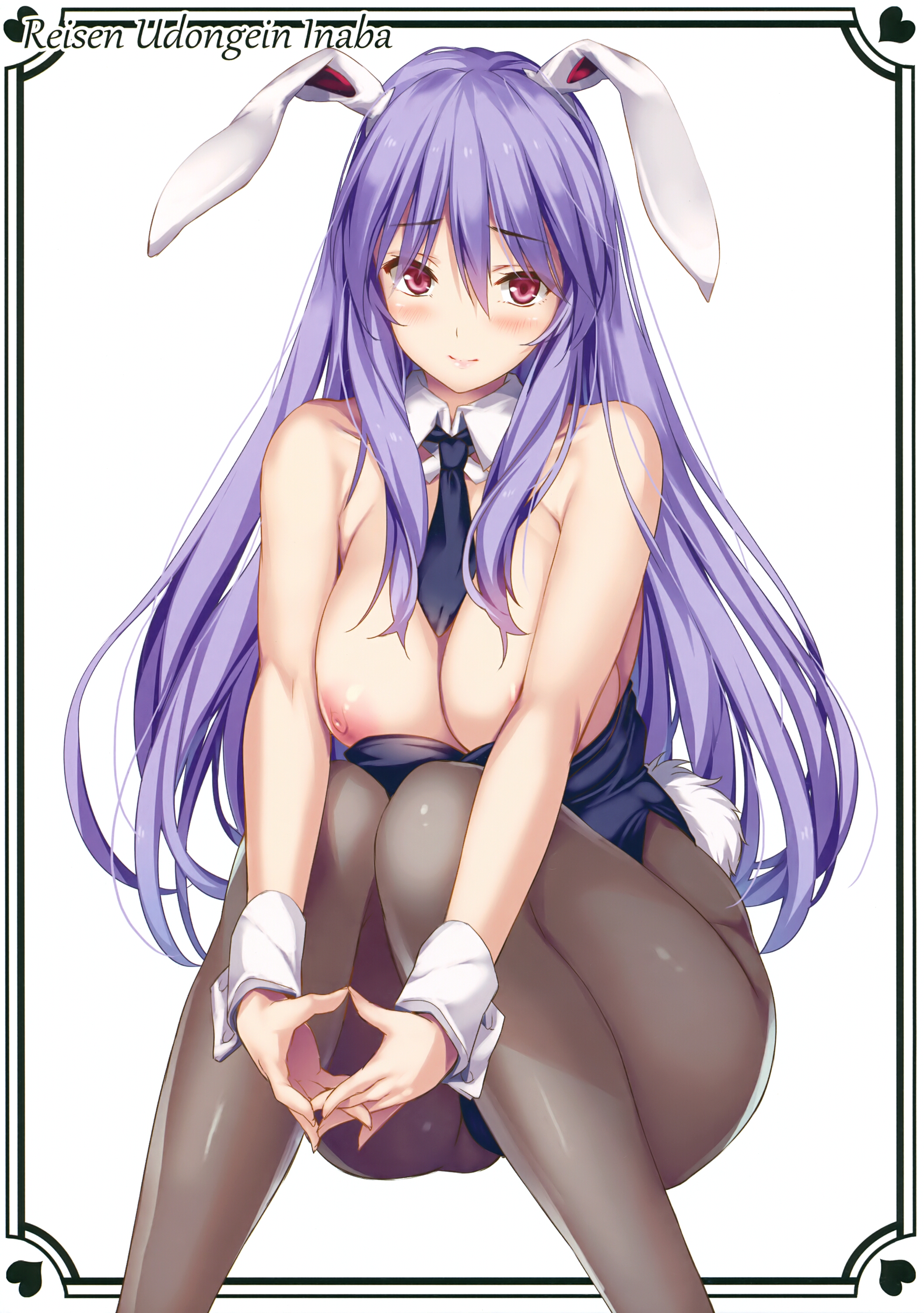 absurdres, alternate costume, animal ears, bare arms, bare shoulders, blue neckwear, blush, breasts, breasts out, bunny ears, bunnysuit, character name, detached collar, eyebrows visible through hair, feet out of frame, female, hair between eyes, heart, highres, knees up, large breasts, long hair, looking at viewer, moneti (daifuku), necktie, nipples, pantyhose, pink lips, purple hair, red eyes, reisen udongein inaba, scan, sidelocks, simple background, sitting, smile, solo, thighs, touhou, v arms, white background, wing collar, wrist cuffs